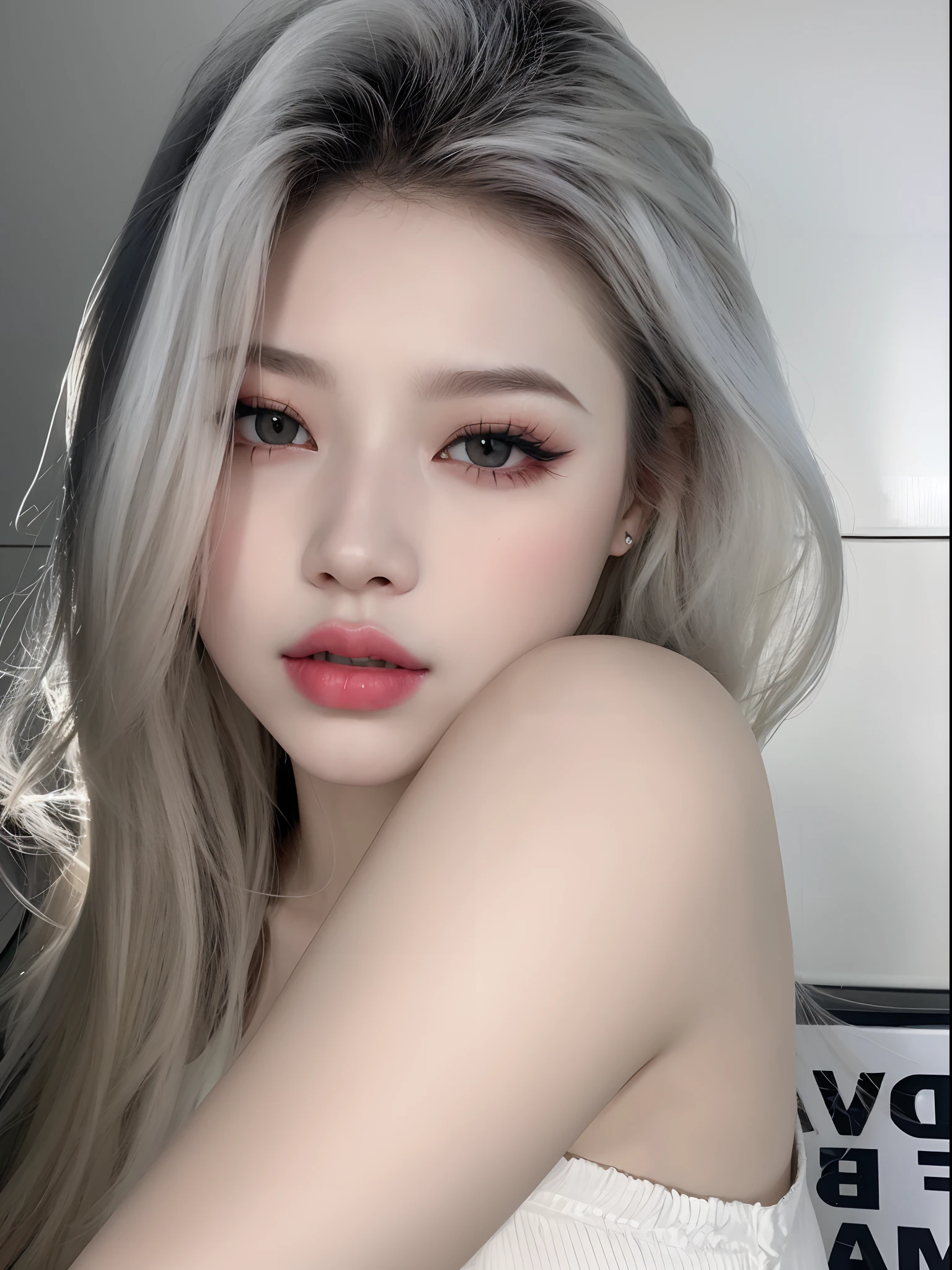 un primer plano de una mujer con cabello largo y rubio y labios rojos, pale porcelain white skin, maquillaje popular de corea del sur, ulzzang, cara sexy con maquillaje completo, pale milky white porcelain skin, Maquillaje coreano popular, muchacha coreana, pale round face, hermosa joven coreana, hermosa mujer surcoreana, extremely pale blonde hair, pale fur, sakimichan, chica cute y tierna