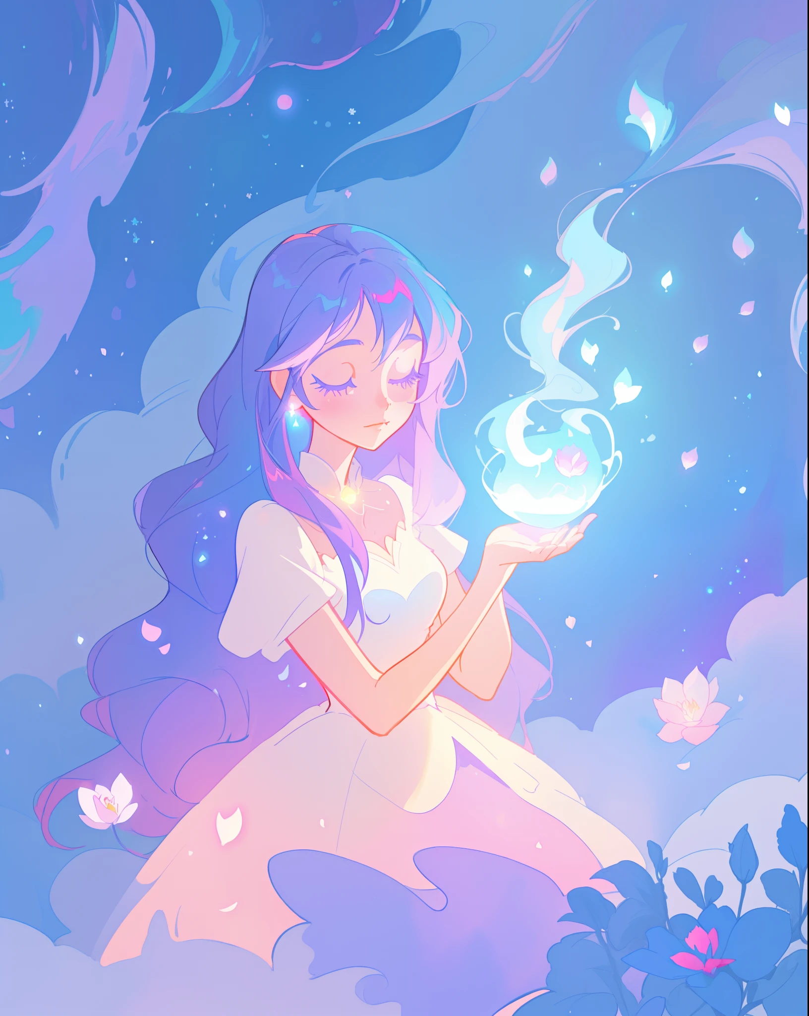 beautiful girl in puffy white ballgown, long dark hair, magical glowing blue lights coming from her hands, magical, whimsical, blue pink and purple colors, watercolor illustration, inspired by Glen Keane, inspired by Lois van Baarle, disney art style, by Lois van Baarle, glowing aura around her, by Glen Keane, jen bartel, glowing lights! digital painting, flowing glowing hair, glowing flowing hair, beautiful digital illustration, fantasia otherworldly landscape plants flowers, beautiful, masterpiece, best quality, anime disney style