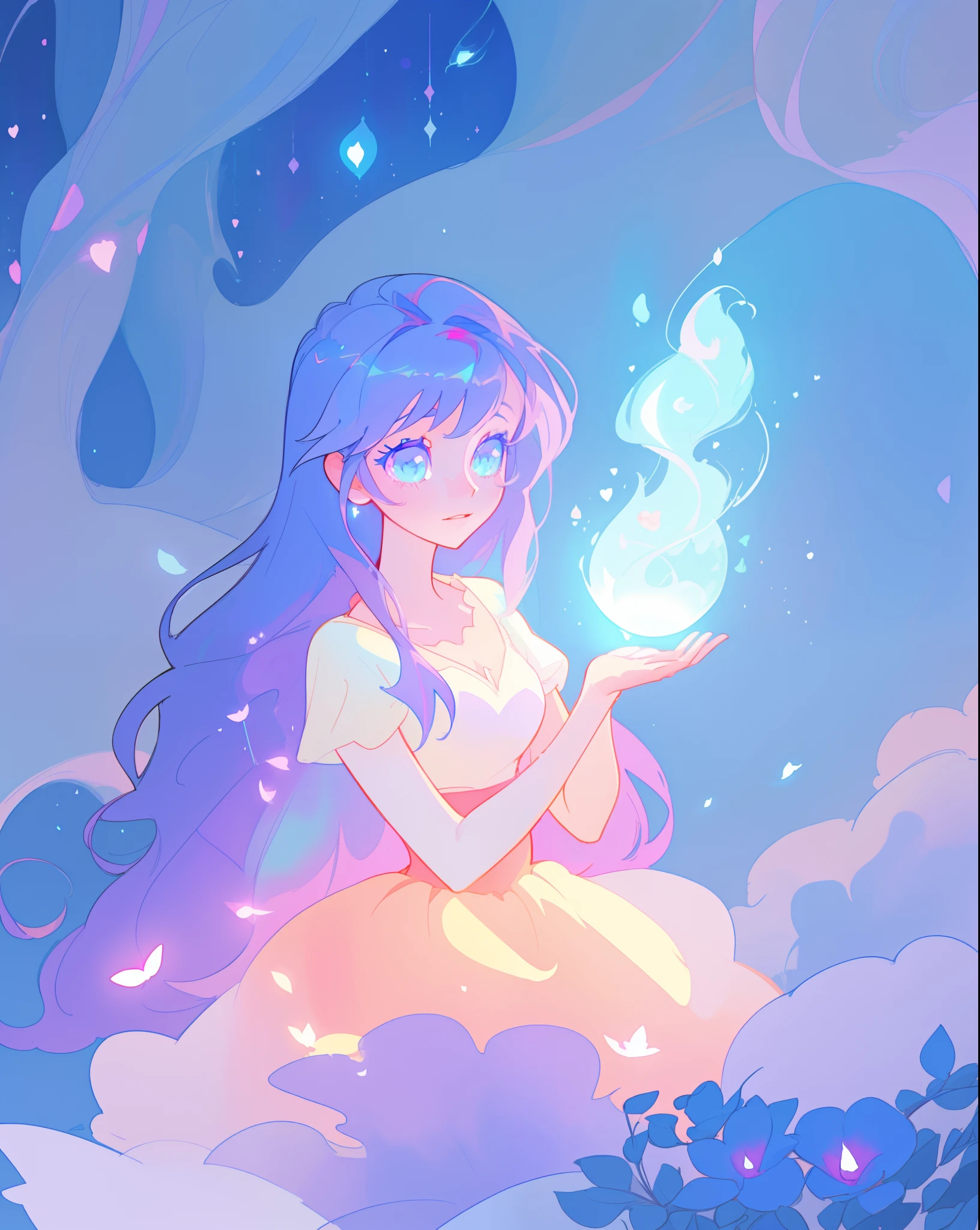 beautiful girl in puffy white ballgown, long dark hair, magical glowing blue lights coming from her hands, magical, whimsical, blue pink and purple colors, watercolor illustration, inspired by Glen Keane, inspired by Lois van Baarle, disney art style, by Lois van Baarle, glowing aura around her, by Glen Keane, jen bartel, glowing lights! digital painting, flowing glowing hair, glowing flowing hair, beautiful digital illustration, fantasia otherworldly landscape plants flowers, beautiful, masterpiece, best quality, anime disney style