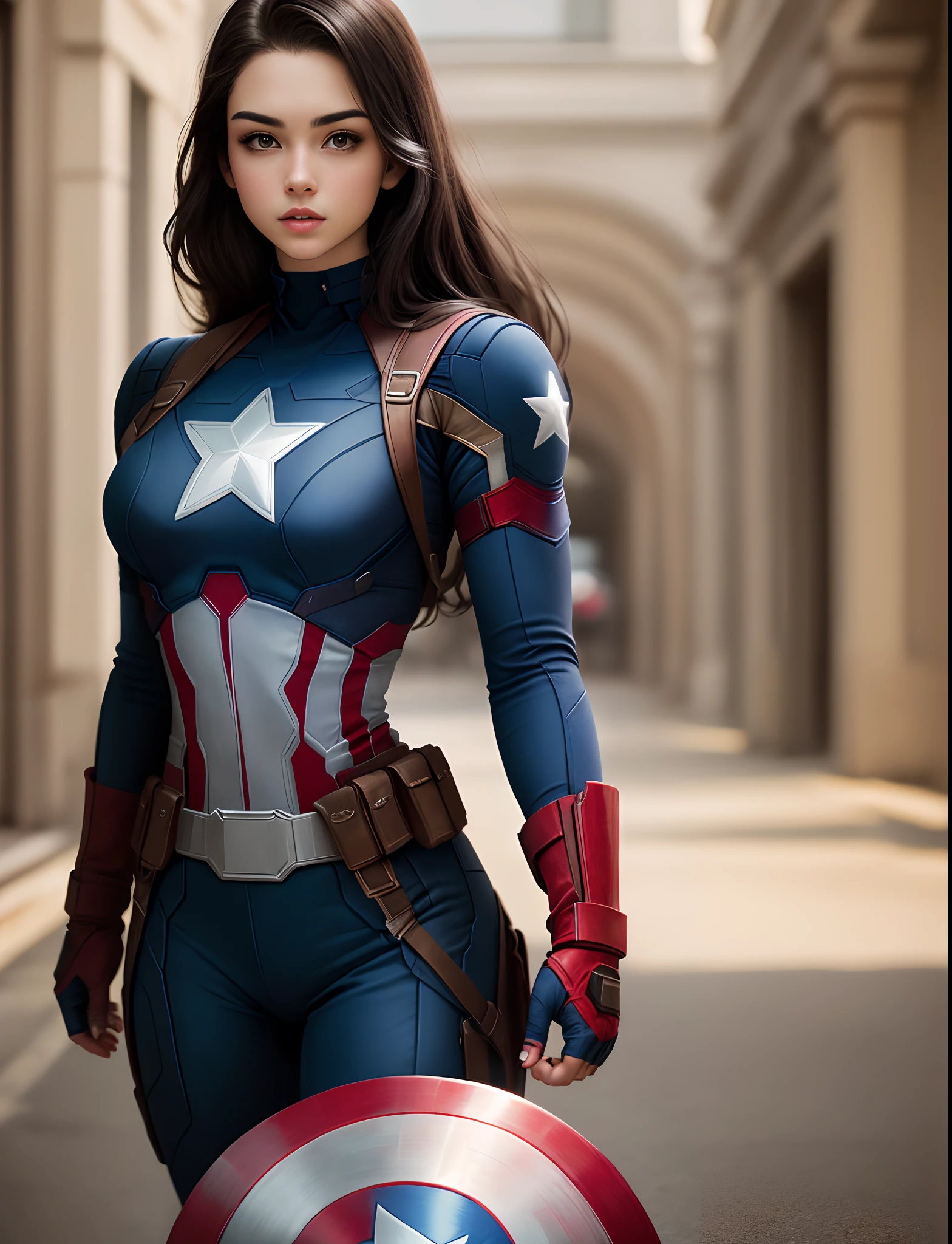 1girl, Haley atwell as Captain America (from MCU), ((wearing Captain America suit)), look at viewer, dynamic pose, (random angles), (masterpiece, best quality, detailed cloth texture, beautiful detailed face, intricate details, ultra detailed), curly black hair, short hair, (growling), jump, crumbling debris,epic battle,shattered glass,flying debris,studio lighting,colorful comic book style,superhero action,shadow and light interplay,contrasting colors,emotive art style, (Best quality, A high resolution, Photorealistic, primitive, 8K,Masterpiece, ),Best quality, Masterpiec8K.hdr. High ribs:1.2, filmgrain, Blur bokeh:1.2, Lens flare, (vivd colour:1.2), (Delicate),