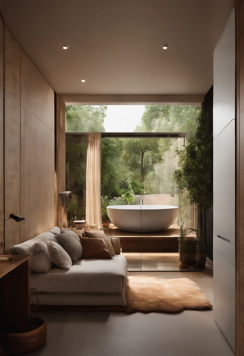 Divide the image into 4 areas, en una se ve la cocina con una barra de desayuno, en el otro reacuadro la sala con un sofa en L en frente del televisor con una imagen en el, in the other box the bathroom with waterfall shower and toilet and in the last box the bedroom with a king size bed with fabrics and pillows and light coming in through the window.