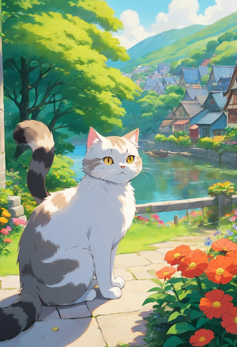 Close-up. Scottish folding cat, adolable,  lakeside, trpical garden,, There are houses in the distance.