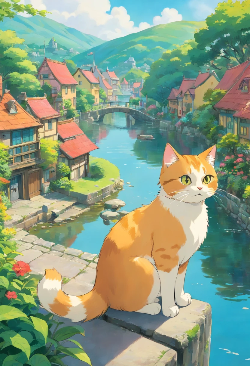 Close-up. Scottish folding cat, adolable, lakeside, trpical garden,, There are houses in the distance.