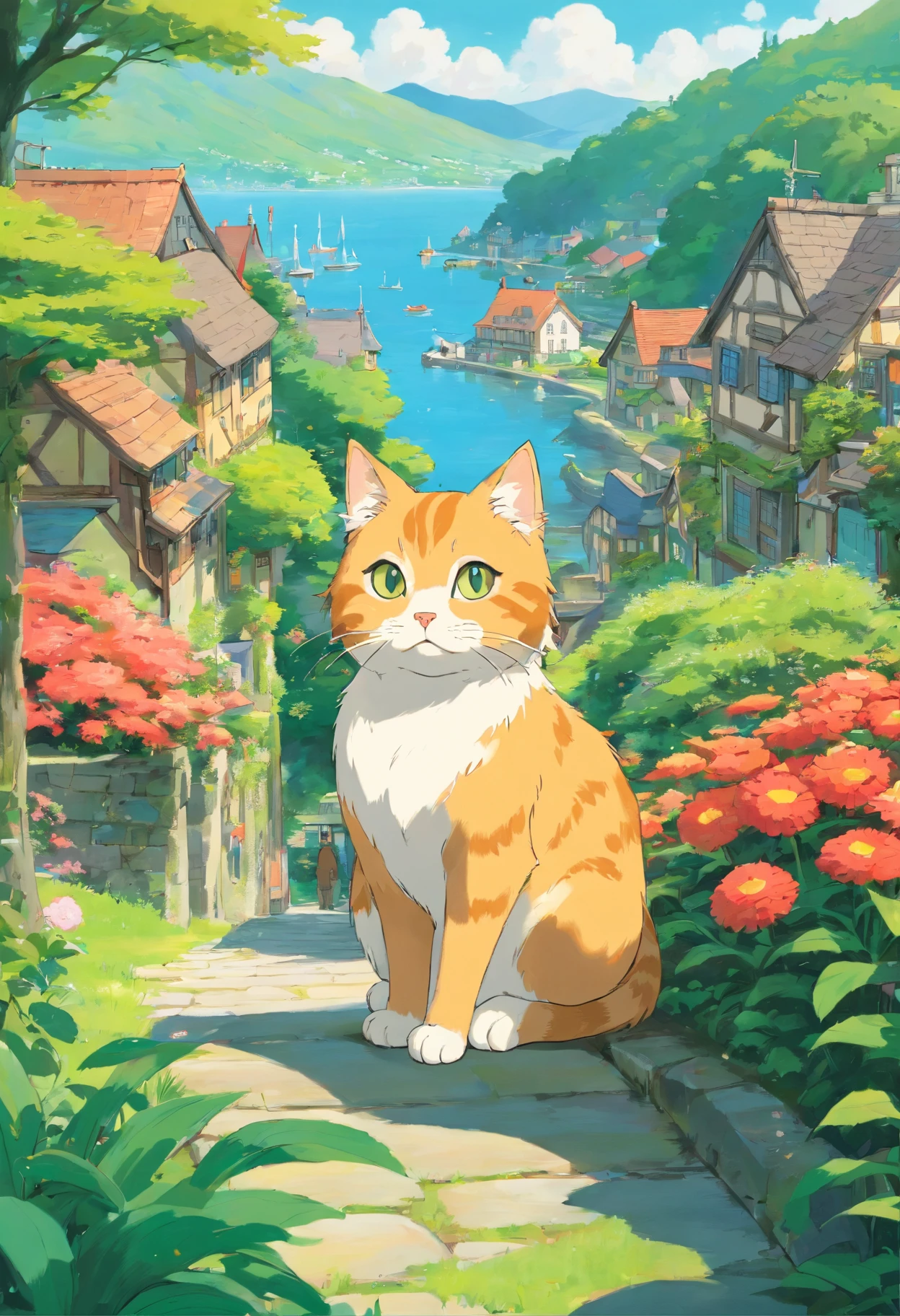 Scottish folding cat, adolable, trpical garden, lakeside, There are houses in the distance.