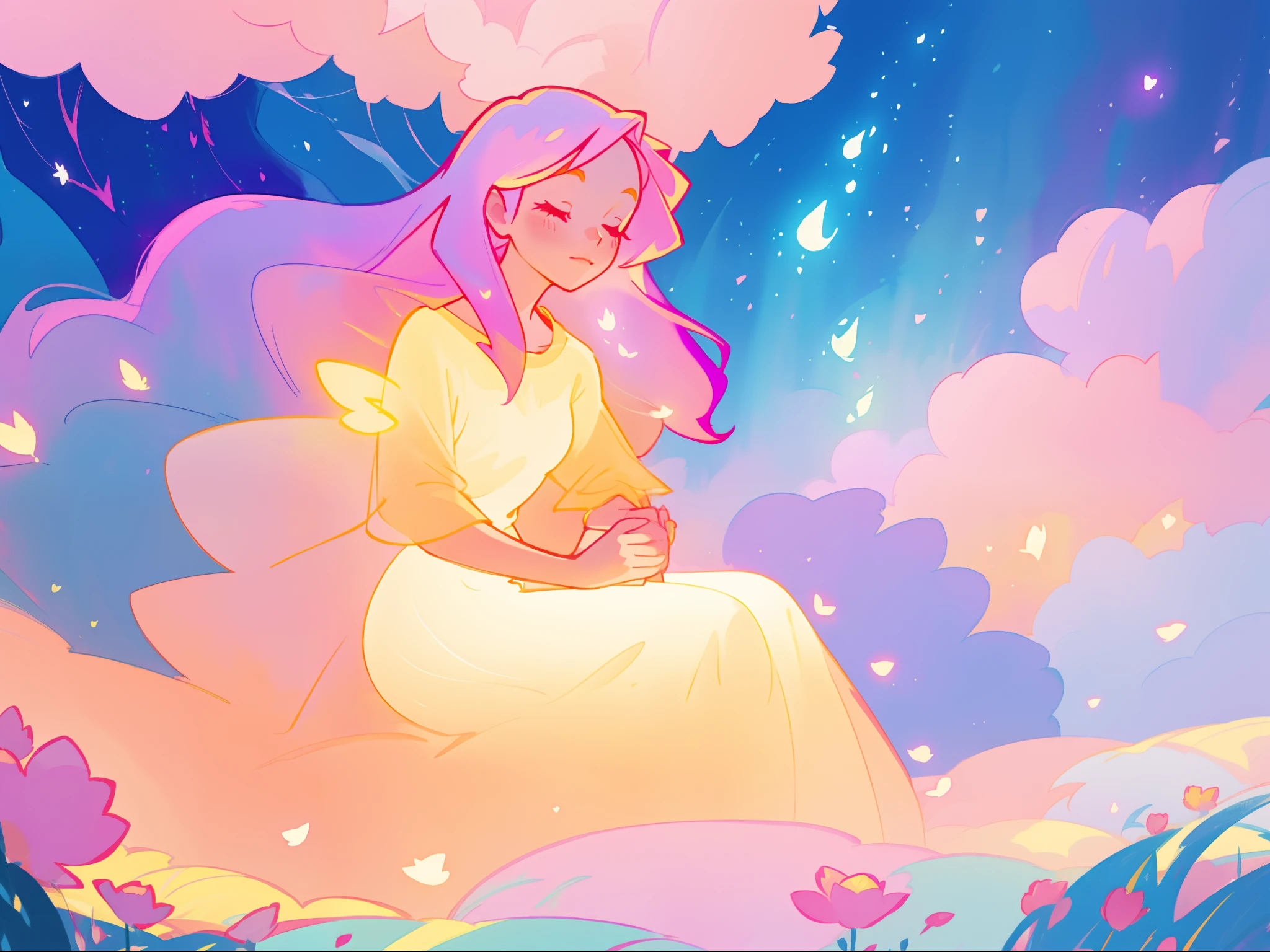 beautiful girl in gradient colorful dress, yellow pink purple fairy dress, beautiful girl sitting in a field with pink red flowers, puffy pink flowers, glowing lights, whimsical landscape, long dark blue flowing hair, watercolor illustration, inspired by Glen Keane, inspired by Lois van Baarle, disney art style, by Lois van Baarle, glowing aura around her, by Glen Keane, jen bartel, glowing lights! digital painting, flowing glowing hair, glowing flowing hair, beautiful digital illustration, fantasia otherworldly landscape plants flowers, beautiful, masterpiece, best quality, anime disney style