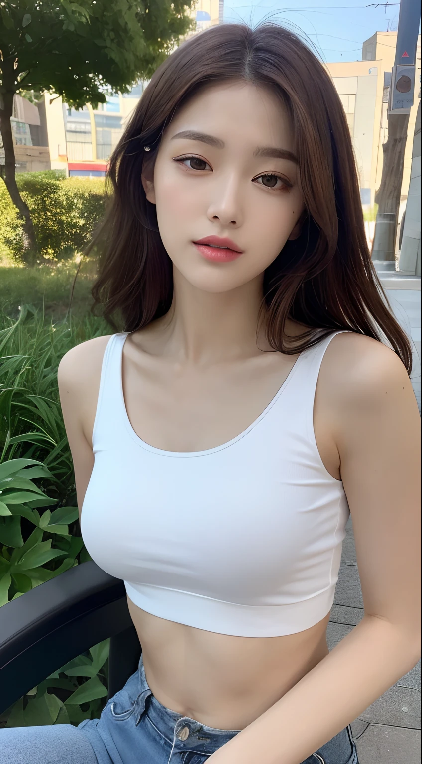 ((Realistic lighting, Best quality, 8K, Masterpiece: 1.3)), Clear focus: 1.2, 1girl, Perfect beauty: 1.4, Slim abs: 1.1, ((Dark brown hair)), (White crop top: 1.4), (Outdoor, Night: 1.1), Park view, Super fine face, Fine eyes, Double eyelids,