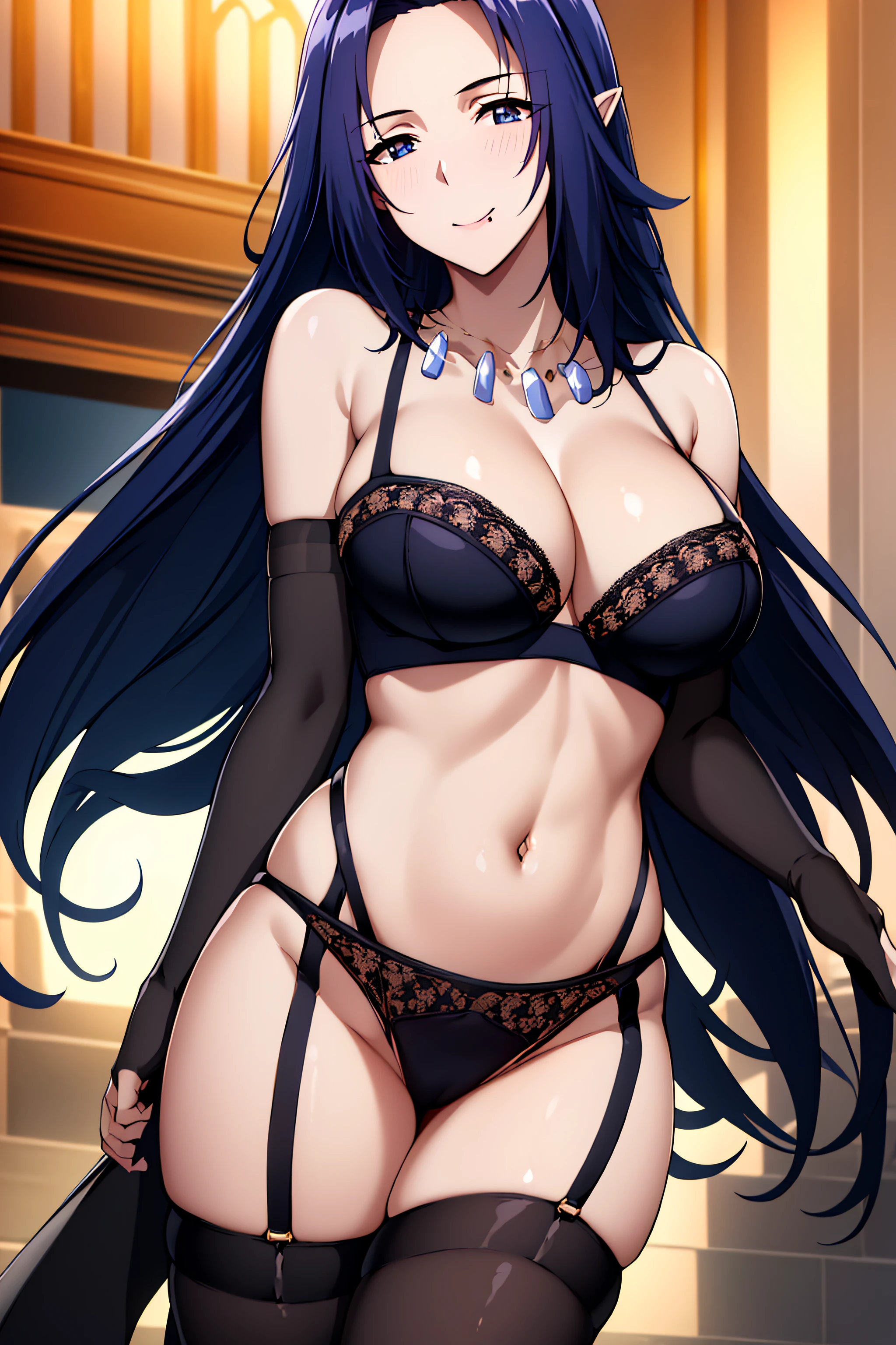 masterpiece, best quality, highres, best quality, highres,1girl, pointy ears,necklace,Gem,Dark Blue hair,Dark Blue Eyes, Bangs, strong pose,seductive smile,bare shoulders, barefoot, cleavage, collarbone,lace,Black lingerie,navel,white panties, see-through,thighs,Black underwear, garter straps,thighhighs,Black bra,garter belt with Black pantyhose, walking in streets,modern fashion,NSFW,official art,extremely detailed CG unity 8k wallpaper, perfect lighting, (masterpiece:1.0),(best_quality:1.0), ultra high res,4K,ultra-detailed, photography, 8K, HDR, highres, absurdres:1.2, Kodak portra 400, film grain, blurry background, bokeh:1.2, lens flare, (vibrant_color:1.2),(beautiful_face:1.5),(narrow_waist),(perfect hands, perfect anatomy),