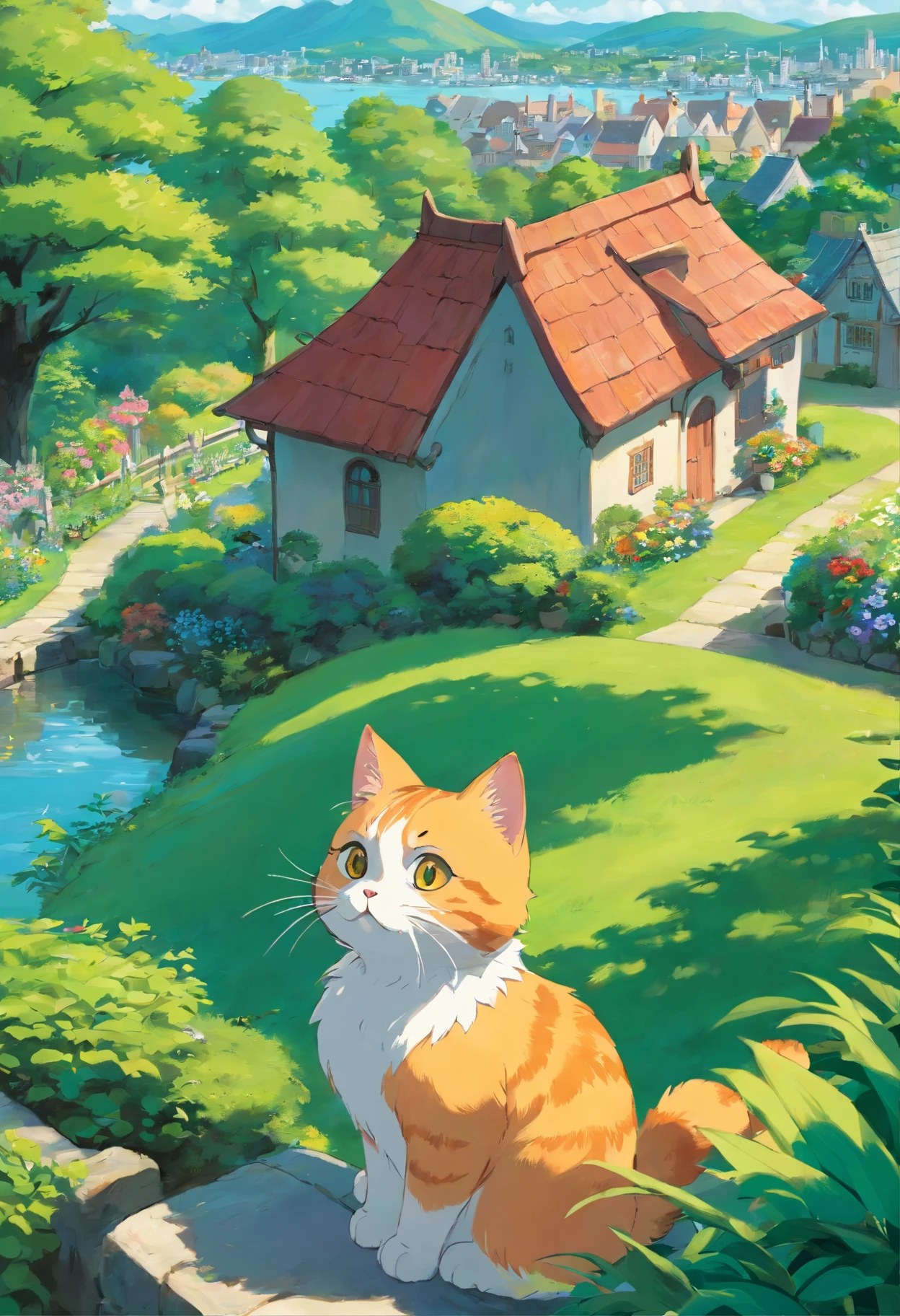 Close-up. Scottish folding cat, adolable,  lakeside, trpical garden,, There are houses in the distance.