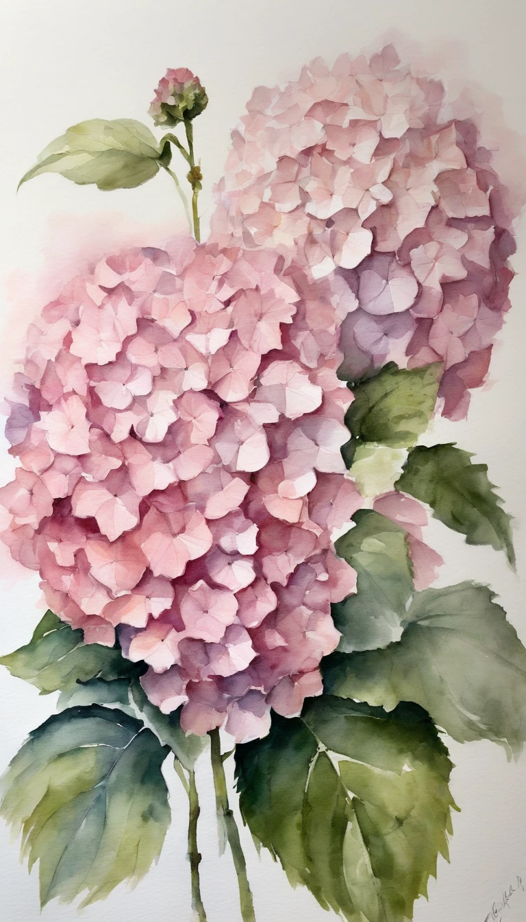 blush pink of 2 hydrangea, white background, masterpiece