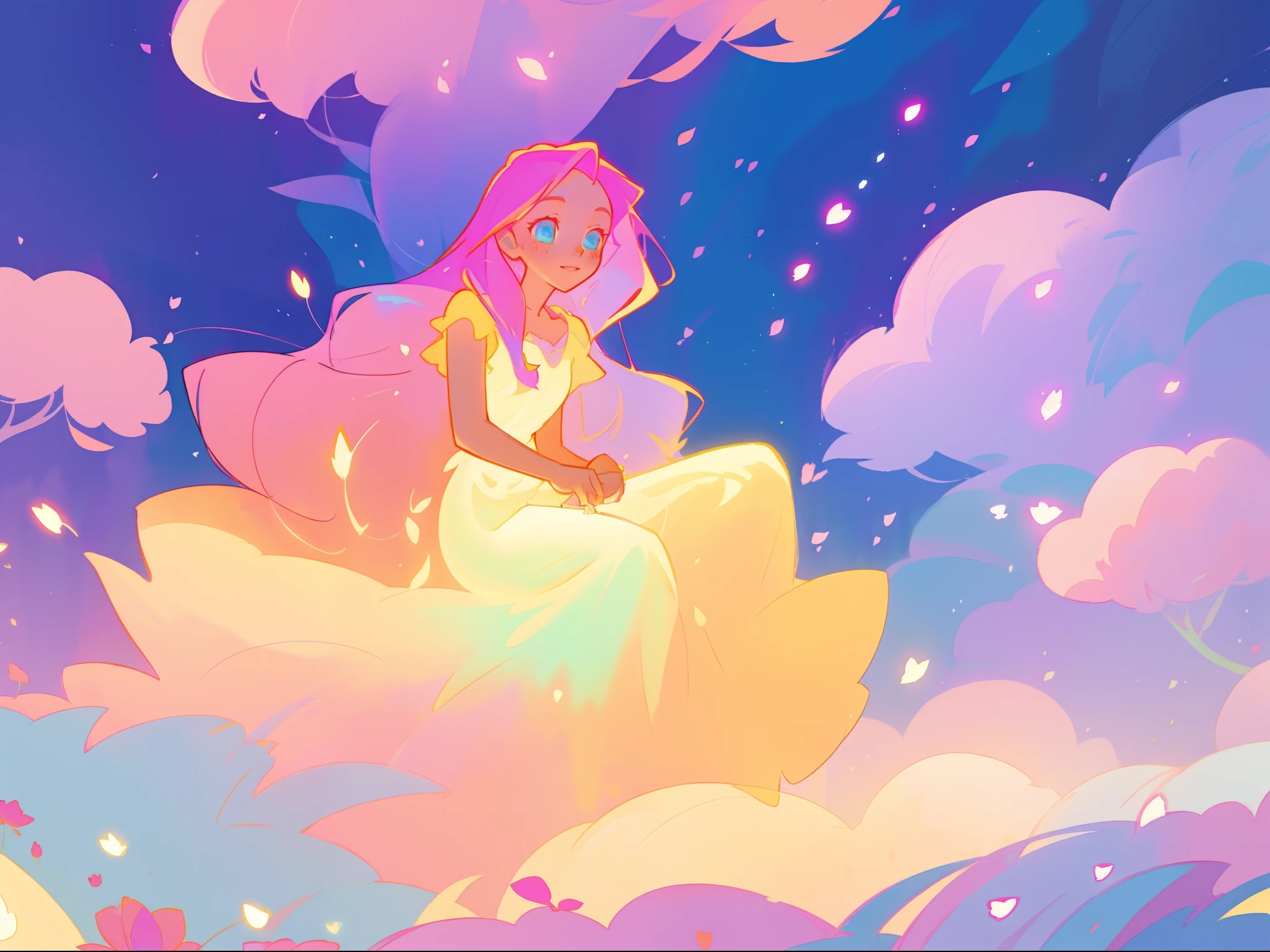 beautiful girl in gradient colorful dress, yellow pink purple fairy dress, beautiful girl sitting in a field with pink red flowers, puffy pink flowers, glowing lights, whimsical landscape, long dark blue flowing hair, watercolor illustration, inspired by Glen Keane, inspired by Lois van Baarle, disney art style, by Lois van Baarle, glowing aura around her, by Glen Keane, jen bartel, glowing lights! digital painting, flowing glowing hair, glowing flowing hair, beautiful digital illustration, fantasia otherworldly landscape plants flowers, beautiful, masterpiece, best quality, anime disney style