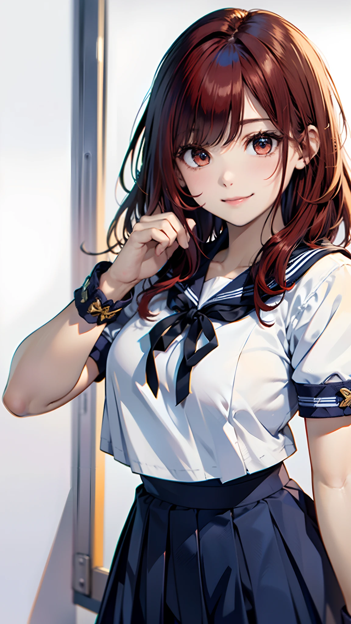 (top-quality, 8K, 32K, ​masterpiece, nffsw:1.2), (Raw photography), (realisitic), (Photorealsitic:1.2), (hight resolution), ultra-detailliert, extremely beautiful face and eyes, 1girl in, infp young woman, round small face, big breasts thin waist、(((tiny chest)))、(((White wall background)))、slim proportions, (student clothes, a sailor suit、White sailor suit, Dark blue pleated skirt:1.23), (bustshot)、(((Red hair)))、((Sailor suit with short sleeves))、A smile、Looks happy、(I have my index finger up)、((Facing the front))