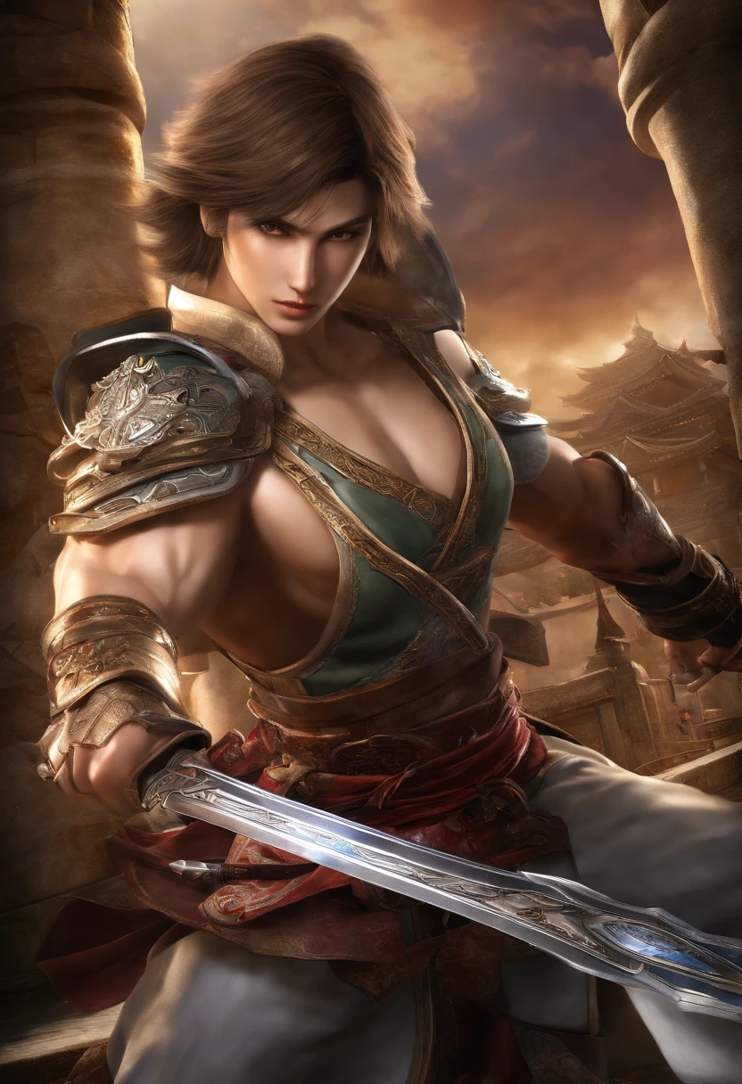 "(Soul Calibur's Pick-up), incredible details, fierce pose, Japan traditional castle background, Magnificent illustrations, Perfect picture quality"