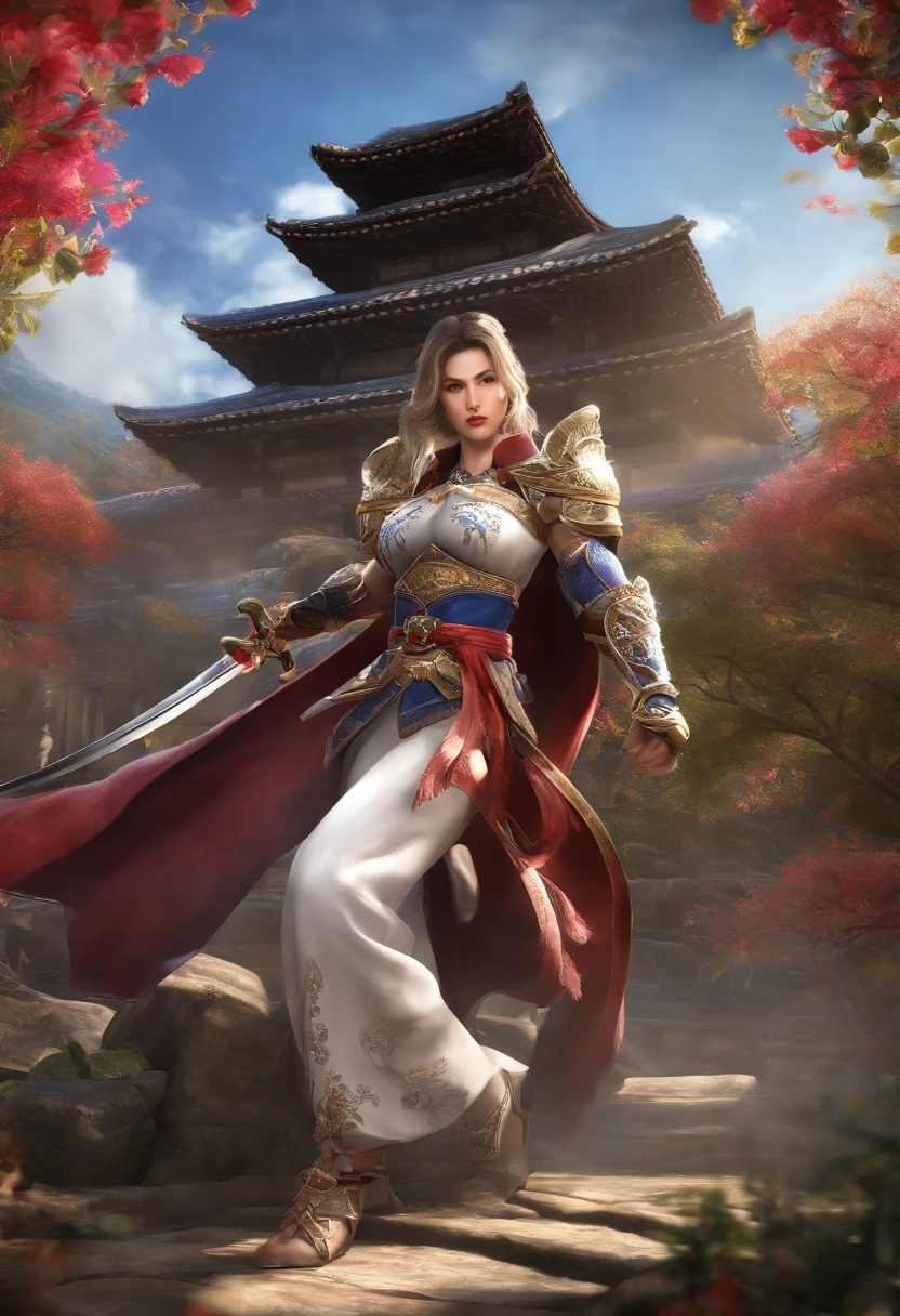 "(Soul Calibur's Pick-up), incredible details, fierce pose, Japan traditional castle background, Magnificent illustrations, Perfect picture quality"