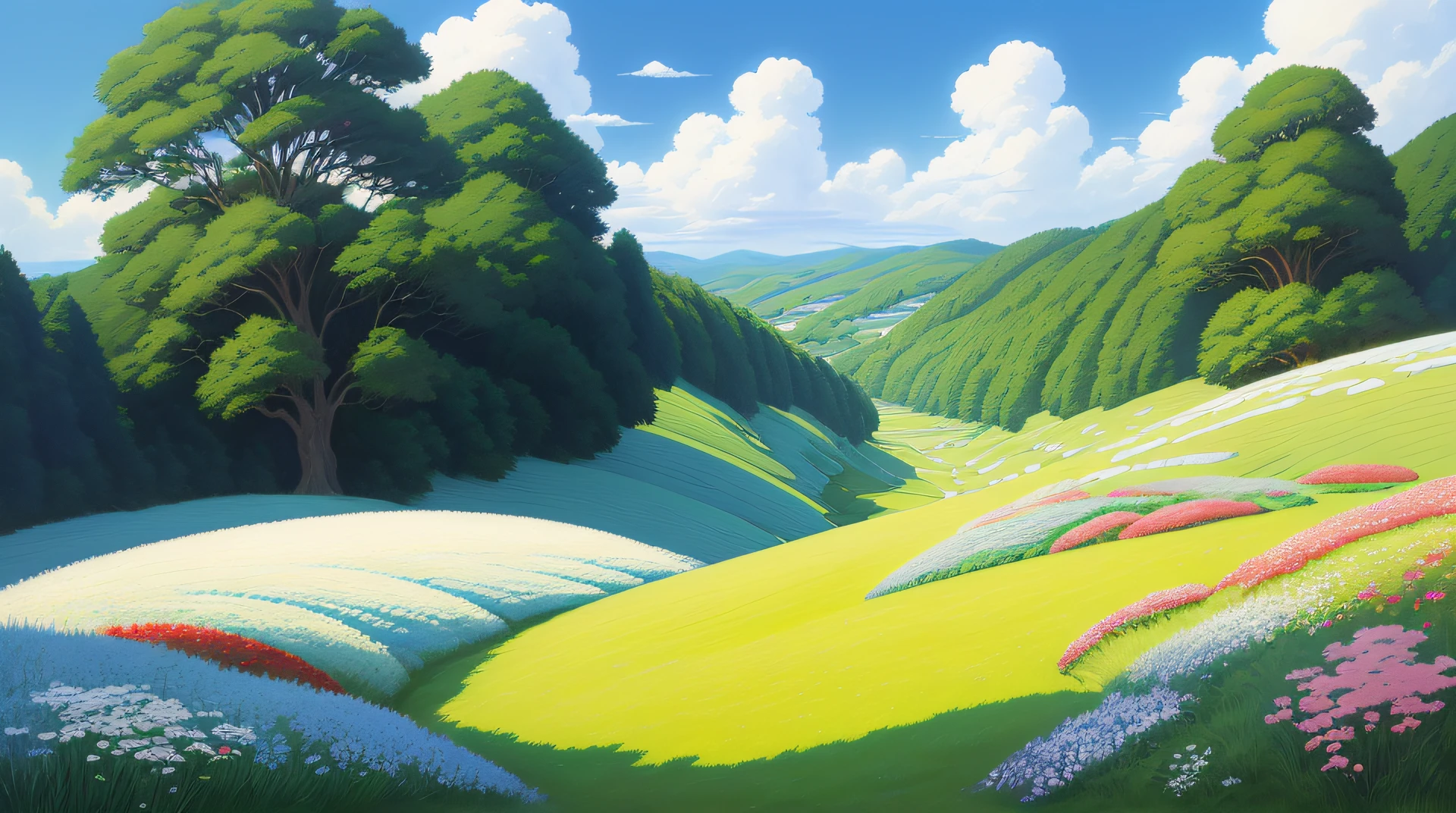 Realistic, authentic, beautiful and amazing landscape oil painting Studio Ghibli Hayao Miyazaki's petal grassland with blue sky and white clouds --v6