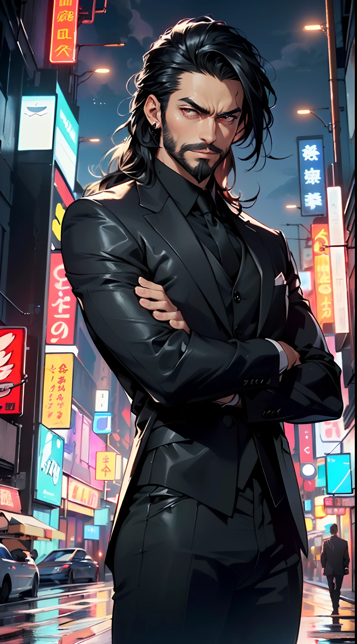 (man:1.5),1 man,mafia boss man,(((1man))),((man with black hair)),
55 years old, male character, black hair, ((slightly long hair:1.3)), ((full beard:1.3,black beard)), serious face, demon king,muscular body,heavy muscular body,((mafia boss)),((tall statue)),
(((1male,male,male gender:1.5,male focus))),macho man,villain,evil villain,
(((lustrous skin:1.5,tanned skin,bright skin: 1.5,skin tanned,shiny skin,very shiny skin,shiny body,illuminated skin))),(((red_eyes:1.2))),intricate eyes,beautiful detailed eyes,symmetrical eyes,((man chest)),((muscular)),male jaw,(((detailed face))),
manly,nsfw,
cyberpunk mafia boss, ((mafia boss suit:1.5)), futuristic mafia boss,((bulge in pants)),((black suit:1.2)),(elegant suit),((wet clothes,intricate outfit,intricate clothes,intricate suit)),
(dynamic pose:1.0),solo focus,((smug)),(centered,scale to fit dimensions,Rule of thirds),
cyberpunk city by the ocean at night, with bright neon signs and dark stormy clouds and puddles, scenery:1.25,
highres, sharp focus, (ultra detailed, extremely detailed), (photorealistic artwork:1.37),(extremely detailed CG unity 8k wallpaper),((synthwave background theme)),(((vibrant colors))),(intricate background),(masterpiece),(best quality),