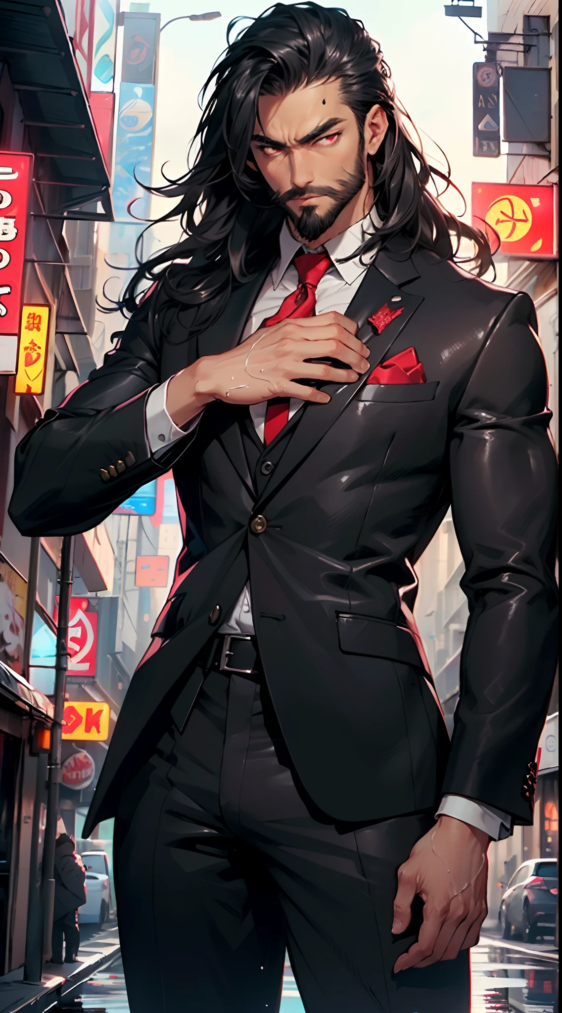 (man:1.5),1 man,mafia boss man,(((1man))),((man with black hair)),
55 years old, male character, black hair, ((slightly long hair:1.3)), ((full beard:1.3,black beard)), serious face, demon king,muscular body,heavy muscular body,((mafia boss)),((tall statue)),
(((1male,male,male gender:1.5,male focus))),macho man,villain,evil villain,
(((lustrous skin:1.5,tanned skin,bright skin: 1.5,skin tanned,shiny skin,very shiny skin,shiny body,illuminated skin))),(((red_eyes:1.2))),intricate eyes,beautiful detailed eyes,symmetrical eyes,((man chest)),((muscular)),male jaw,(((detailed face))),
manly,nsfw,
cyberpunk mafia boss, ((mafia boss suit:1.5)), futuristic mafia boss,((bulge in pants)),((black suit:1.2)),(elegant suit),((wet clothes,intricate outfit,intricate clothes,intricate suit)),
(dynamic pose:1.0),solo focus,((smug)),(centered,scale to fit dimensions,Rule of thirds),
cyberpunk city by the ocean at night, with bright neon signs and dark stormy clouds and puddles, scenery:1.25,
highres, sharp focus, (ultra detailed, extremely detailed), (photorealistic artwork:1.37),(extremely detailed CG unity 8k wallpaper),((synthwave background theme)),(((vibrant colors))),(intricate background),(masterpiece),(best quality),
