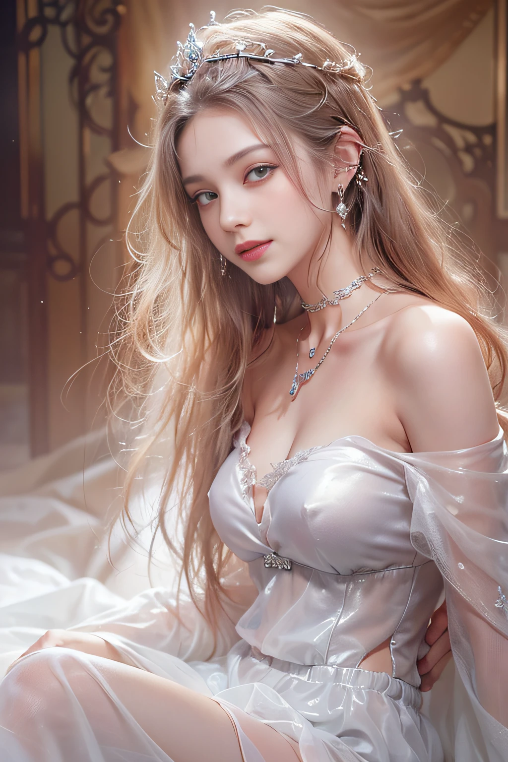 ((tmasterpiece:1.4)、(top-quality:1.4)、(reallistic:1.7))、By Luis Royo(By Luis Royo)Surreal portrait of a beautiful girl、Super beautiful girl、((1girl in:1.4))、Shiny natural skin texture、(The Queen's Gorgeous Costume)、((Sheer off-the-shoulder white one-piece mini skirt type:1.4))、((up skirt)),Authors:By Luis Royo(By Luis Royo)、age19、(Two arms:1.4、Two legs:1.4)、(perfect anatomia:1.4)、(Perfect female body:1.4)、Portrait photo of a girl、Close-up photos、Upper body photography、Fantasyart、Soft front light、Beautiful expression、kawaii faces、Beautiful udder、large full breasts:1.2、Beautiful ass、A detailed eye、Clearly eye-catching, beautiful and alluring、beautidful eyes、Narrow waist、Raw photo、red rip、Arrange your long hair as cool as a queen、(tiara crown:1.4、choker necklace:1.4、a necklace:1.4、耳Nipple Ring:1.4)、1 screen display、((Woman on all fours on silk bed)),((Translucent off-shoulder white dress))、((A smile)),((posterior view))、((Looks Back))、((White T-back panties visible)),((erection)),