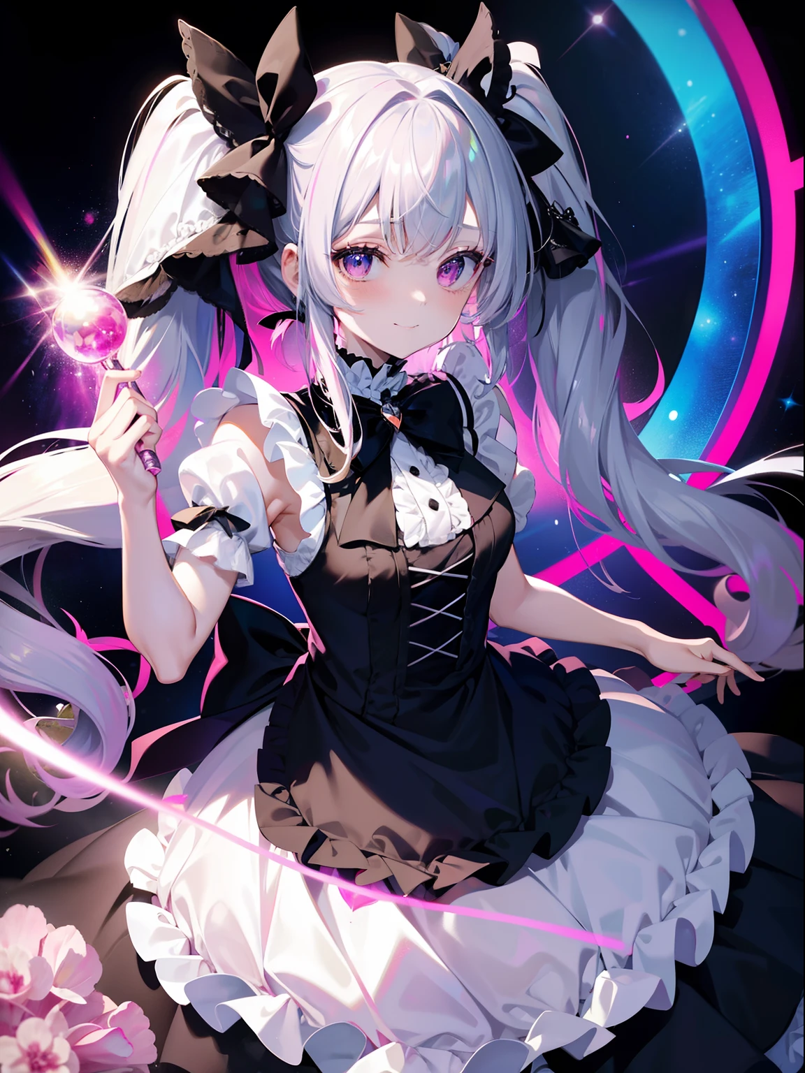 (masutepiece, Best Quality, Ultra High Resolution),1girl in,Pink ruffles, Ruffled dress, gothic dress,Silver-haired twintails,Bags under the eyes, A smile,pale skin,beautiful and detailed face, Detailed eyes,frilld,Holding a black cat,bow ribbon,Transparency,fluorescent,Sparkling eyes,Pink Neon Tube,Disco background,Seven colors,A delightful,full body Esbian,People around,Happiness,mirror ball