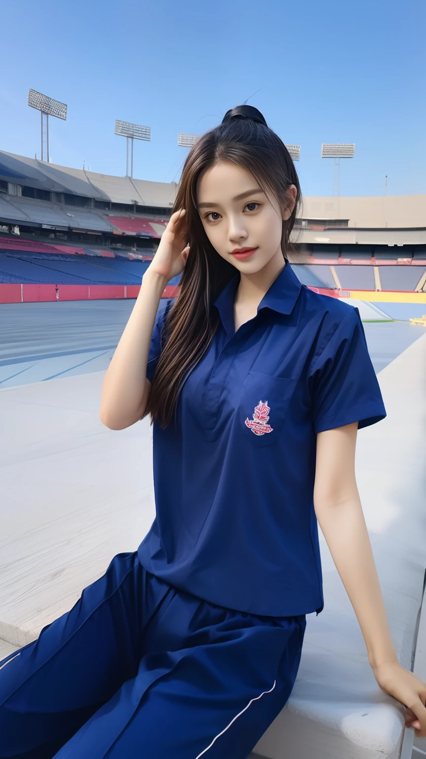 (bestquality,10,10,highres,masterpiece:1.2),ultra-detail,(Realistic,photorealistic portrait,photo-realistic:1.37),1 Cute girl in the football field,oily shiny skin,bara,light smile,BDclothes,((blue shirt:1.3)),short sleeves,shirt, trousers.,(navy_long_Pants Track:1.1), ((Stadium Background:1.3)),dynamic angle,excited,face focus,Dynamic Poses,from behide,Ass Focus,masterpiece, bestquality, ultra realistic, hyper-detail, 8k resolution, RAW photo, crisp focus, ((Navy blue shirt:1.1)), short sleeves, Long Path, Perfect body, 2 mature women, 18yo, cinematic light,Blue sweatpants,Gymware,Correct anatomy,Complete body, Correct body, sharp face, Anatomically correct body, full entire body, Realistic gestures, long-haired, Realistic poses,Wear long shorts.................,Long leg span,Shapely,Sculpting Girl, Slender Figure, mannequin mannequins, Shapely, Beautiful body,Blue sweatpants,Sit on your side.,On my side...,Seated