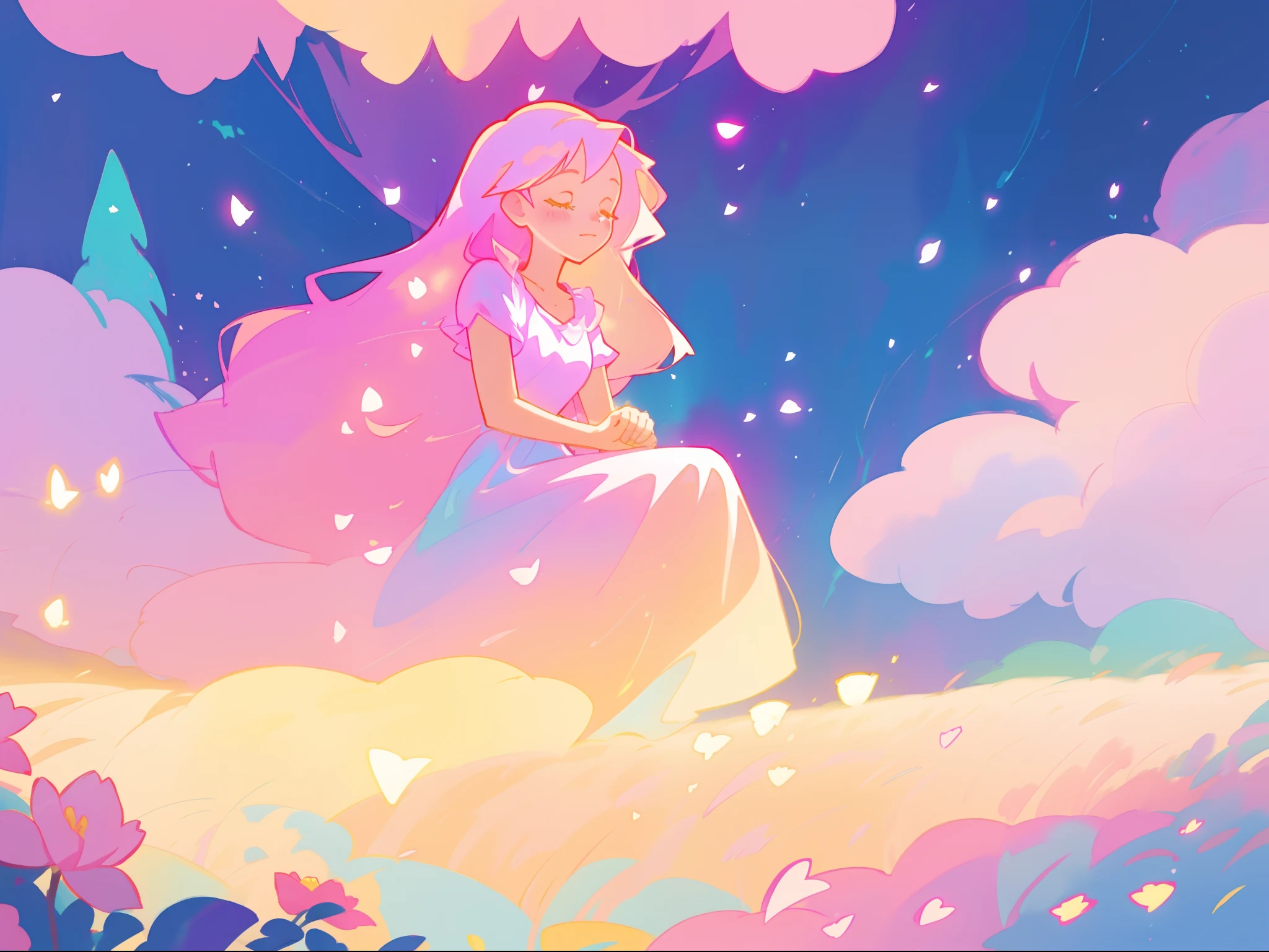 beautiful girl in gradient colorful dress, yellow pink purple fairy dress, beautiful girl sitting in a field with pink red flowers, puffy pink flowers, glowing lights, whimsical landscape, long dark blue flowing hair, watercolor illustration, inspired by Glen Keane, inspired by Lois van Baarle, disney art style, by Lois van Baarle, glowing aura around her, by Glen Keane, jen bartel, glowing lights! digital painting, flowing glowing hair, glowing flowing hair, beautiful digital illustration, fantasia otherworldly landscape plants flowers, beautiful, masterpiece, best quality, anime disney style