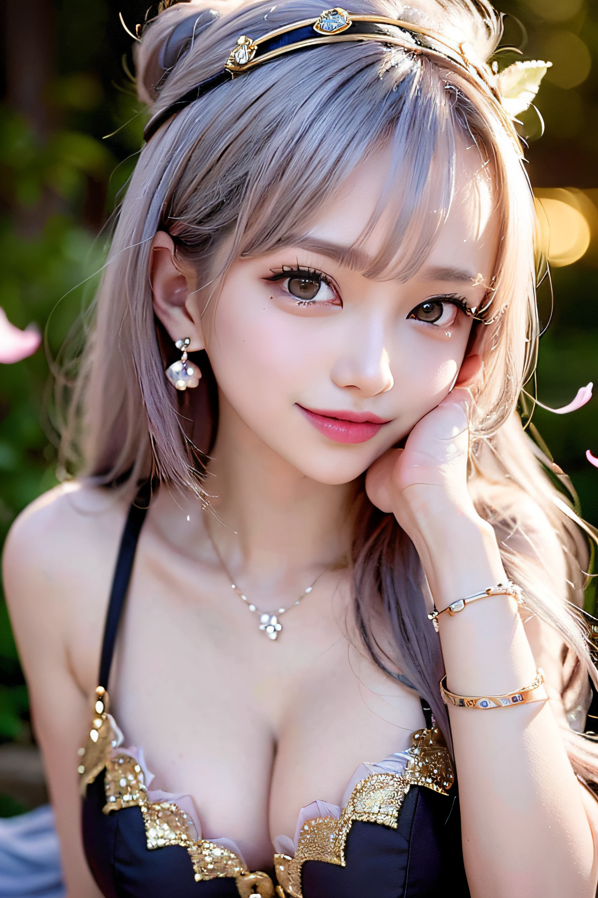 Sexy , Full face， (Slim shoulder straps, Ultra-low-cut top)( Very close view )Women's watches，[Face view] , ((High slit panties))，clothes see-through (((Outdoor paradise))), ((Petals flying in the air ))，Light smile，，camel-toe,(Crystal colorful lights),，Soft clouds，(Cover with a scarf), ((Super short cute pattern cotton coat|no underwares|Slightly perspective ) ((greek architecture，Bohemian architecture，Hindu temples，Thai snacks，Thai style)) starrysky，Beautiful，hips bare，earring，Pink sexy yarn,（(Striped underwear、Black openwork underwear、Transparent embroidered tulle underwear set,Gold bracelets，Pink lace gloves)）Lace pantyhose、Lace gloves、Wedding headscarf、pearls necklace,（ dress）(Very small panties),Moles under eyes, ((Gray-pink hair))，Crystal glowing necklace
（（Masterpiece））,（realisticlying：1.2）,best qualtiy,high high quality,absurderes,rich colourful,stunning art,best qualtiy, ultra - detailed,beautifuldetails， reflective hair,Good lighting, Ray traching， depth of fields,ultra - detailed,illustratio,astounding,finedetail,The is very detailed， （（ultra - detailed））， （Beautiful Meticulous Girl）， Beautiful detail glow， Complicated details， A high resolution， Extremely refined and beautiful,beatiful detailed eyes， hdr， Round eyes, detailedfacialfeatures,（Round pupils：1.4） （illustratio）,（美丽细致的眼睛）（Very very detailed face））， ((depth of fields))((Solid)),（alluring face）(（ssmile：1.3）)， Smiling lips， （looking at viewert：1.1） closeup cleavage， wide wide shot， Side Body， photore， lewd poses ， Moody light， Sistine Phil Beldev, Smile，（（（Masterpiece，Best quality，A high resolution）））），Extremely detailed 8K，Beautiful girl with busty body，（hyper HD，ultra - detailed，High detail，high realistic，Ultra-realistic，Photo realism）,（1girll：1.5）,（realistic dark hair），Short curly hair，Bob cuts hair，（Dynamic posture）,A shallow smile,Open lips，Detailed eyes，Bigchest，(Breast enlargement)
（Beautiful and detailed face，Beautiful and delicate eyes），Sunlight）,（Beautiful buttocks 0.5），Color backlight