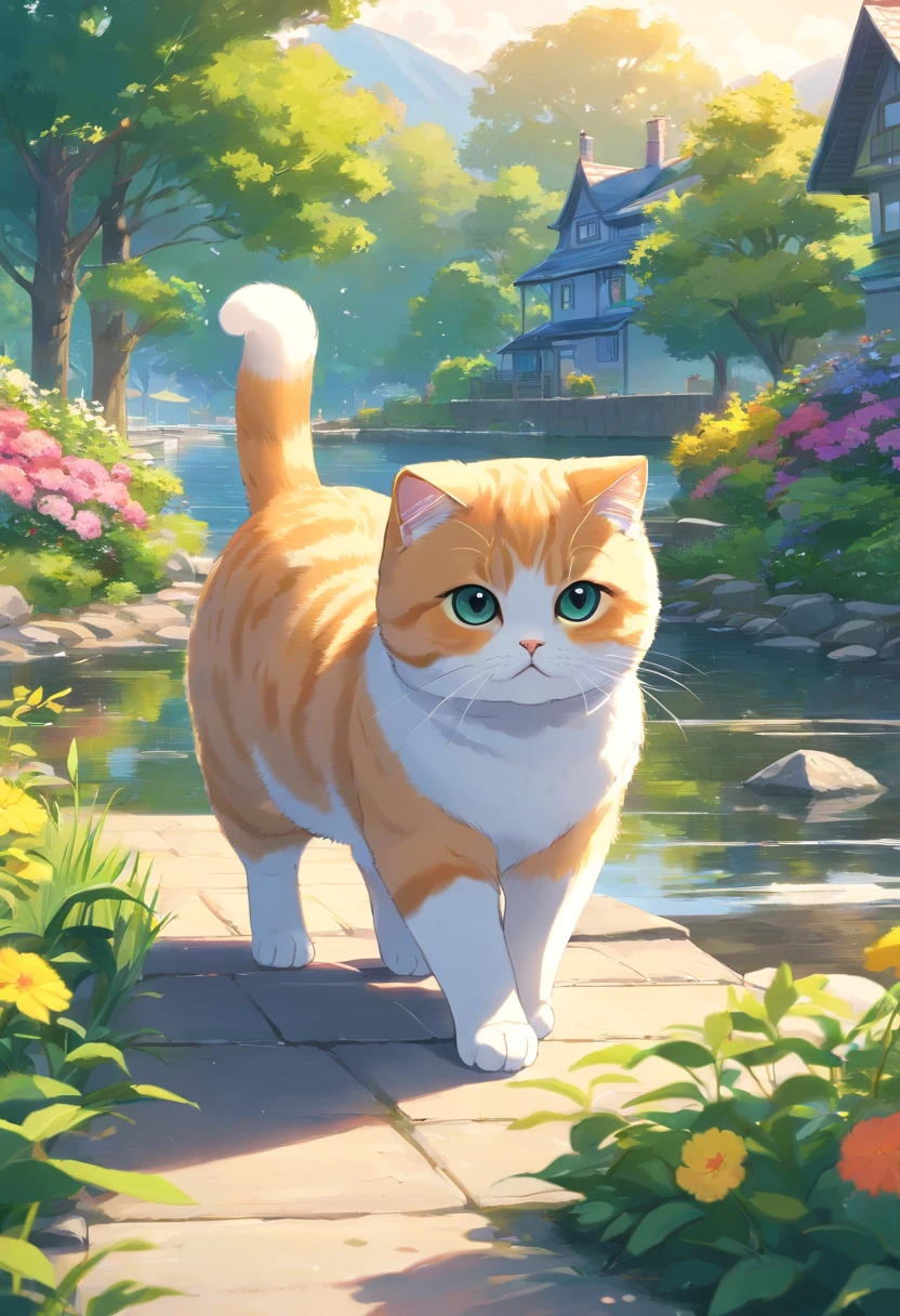 Scottish Fold cat, Close-up. lakeside, trpical garden,, There are houses in the distance.