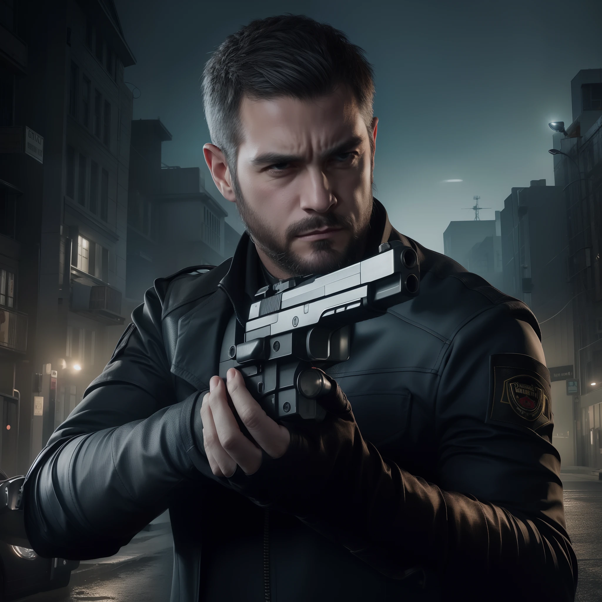 Perfect face, glare, man, gray hair, holding a gun