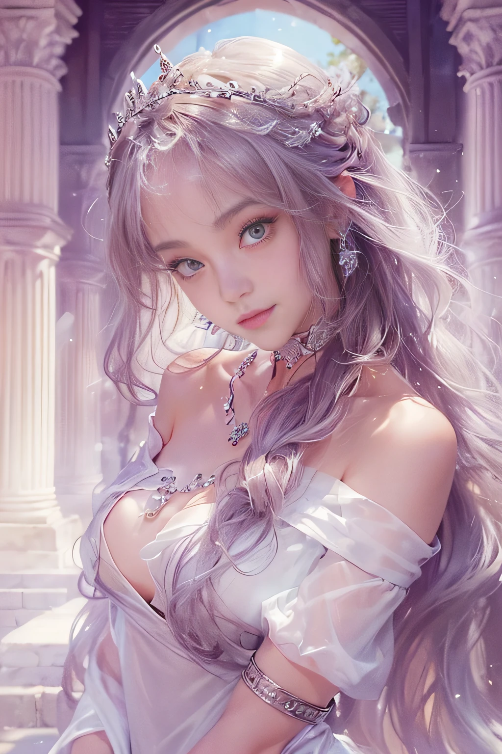 ((tmasterpiece:1.4)、(top-quality:1.4)、(reallistic:1.7))、By Luis Royo(By Luis Royo)Surreal portrait of a beautiful girl、Super beautiful girl、((1girl in:1.4))、Shiny natural skin texture、(The Queen's Gorgeous Costume)、(Off-the-shoulder white one-piece long type:1.4)、Authors:By Luis Royo(By Luis Royo)、age19、(Two arms:1.4、Two legs:1.4)、(perfect anatomia:1.4)、(Perfect female body:1.4)、Portrait photo of a girl、Close-up photos、Full body shooting、Fantasyart、Soft front light、Beautiful expression、kawaii faces、Beautiful udder、large full breasts:1.2、Beautiful ass、A detailed eye、Clearly eye-catching, beautiful and alluring、beautidful eyes、Narrow waist、Raw photo、red rip、Arrange your long hair as cool as a queen、(tiara crown:1.4、choker necklace:1.4、a necklace:1.4、耳Nipple Ring:1.4)、1 screen display、((In front of the city walls、Woman standing in front of bench)),((Translucent off-shoulder white dress))、((A smile)),((posterior view)),