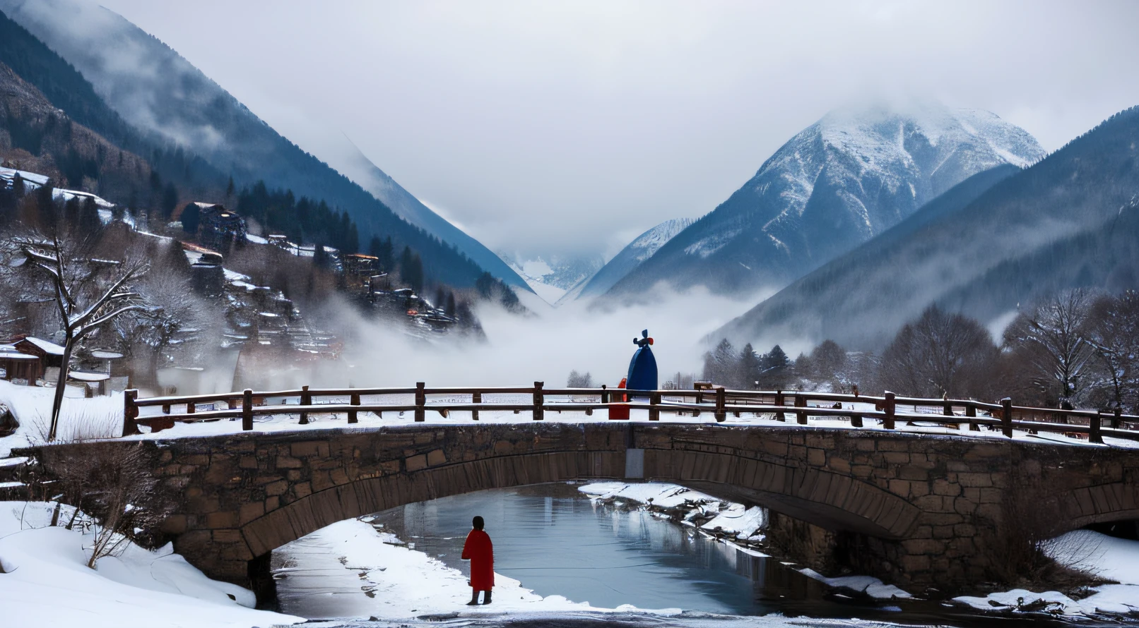 In a quaint mountain village,The cold winter wind blows。A young boy wears a gorgeous national style robe,Stand on an old stone bridge,Overlooking a misty valley。Beside him,A snow-white elk walked gracefully,It was as if I was in touch with his heart。