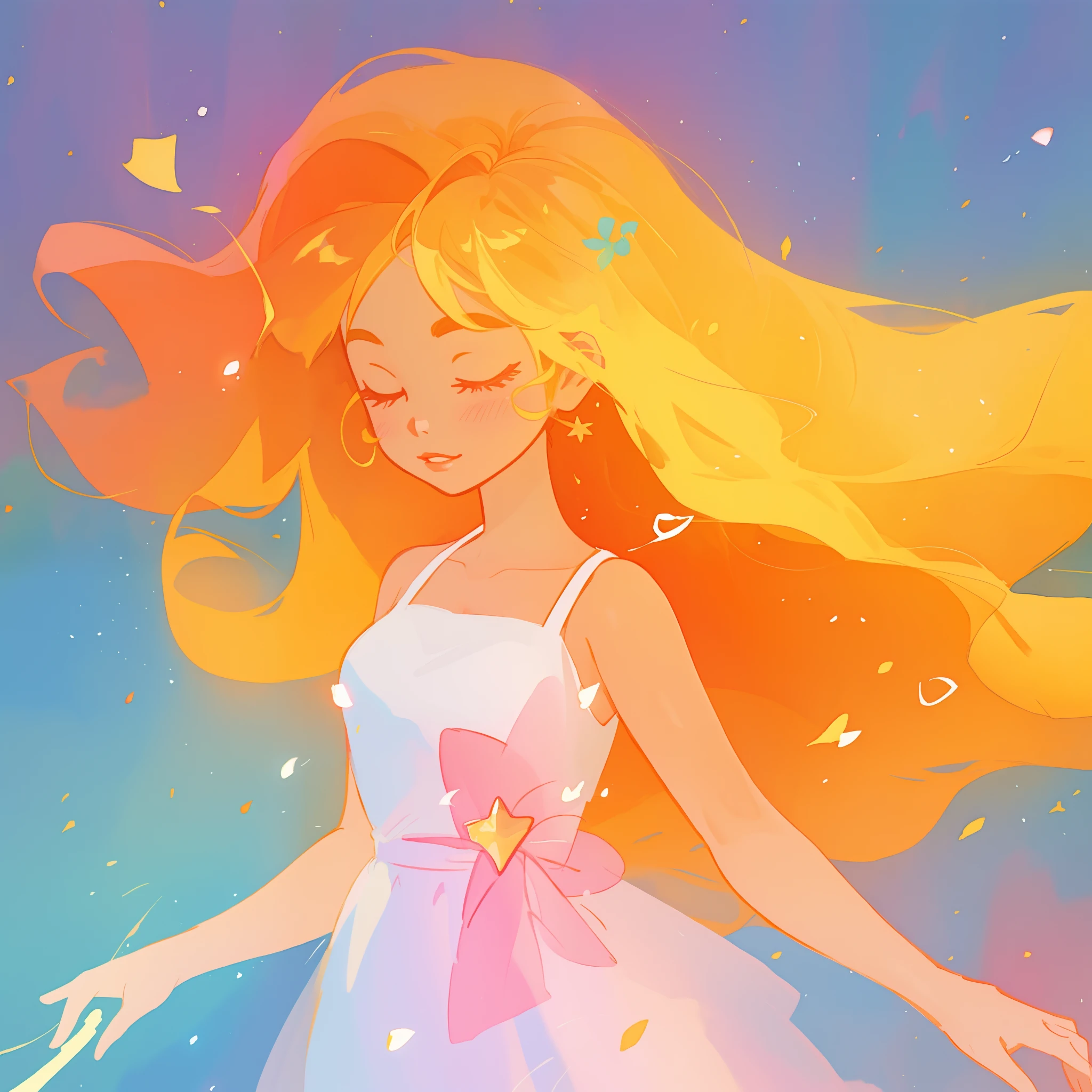 beautiful girl in white dress, fairy dress, long golden hair, watercolor illustration, inspired by Glen Keane, inspired by Lois van Baarle, disney art style, by Lois van Baarle, glowing aura around her, by Glen Keane, jen bartel, glowing lights! digital painting, flowing glowing hair, glowing flowing hair, beautiful digital illustration, fantasia otherworldly landscape plants flowers, beautiful, masterpiece, best quality, anime disney style
