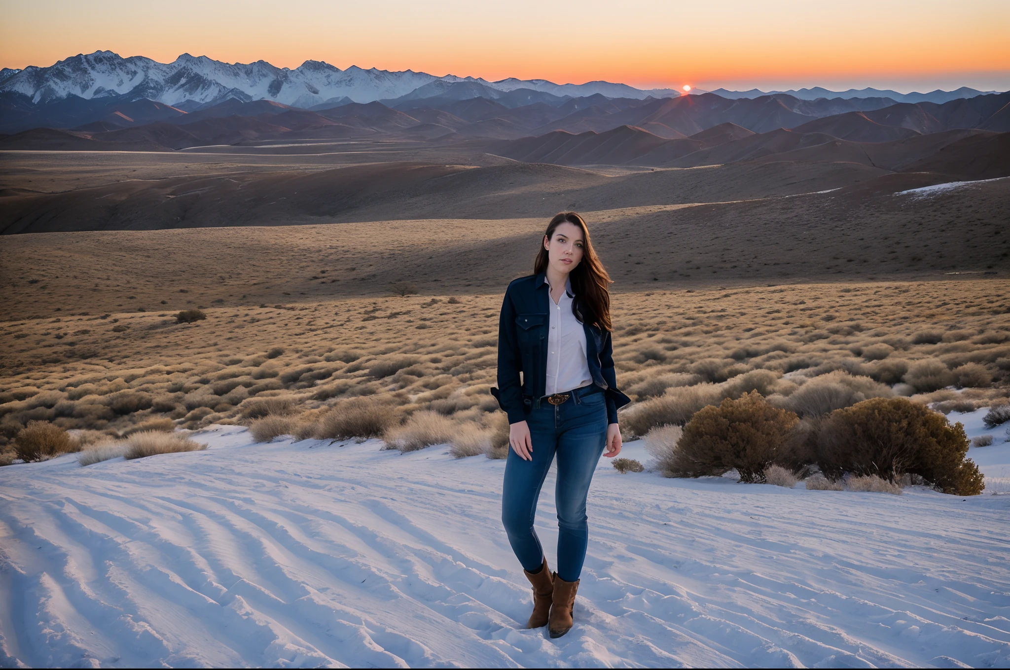 Photo of Angela White ((one character)) (25 years old) | wearing feminine cowboy clothes (jeans outfit, plaid shirt) ((loose and silky hair, piercing blue eyes, skin texture, enigmatic countenance, slender body, divine proportion)) | Riding a Mustang Horse | Alabama Hills Location ((mountain with snow in the background)) | natural light, divine rays, cinematic quality, cinematic frame, cinematic filters, maximum sharpness, sunset tones, vivid colors ((HDR)) ((Arri Alexa 35 8k))