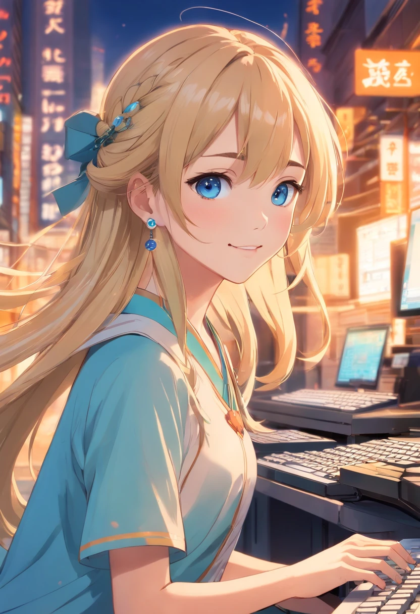 masterpiece, best quality, ultra-detailed, illustration,(1girl),beautiful detailed eyes, looking at viewer, (holding a computer keyboard), happy, (blonde hair:1), (blue rounded eyes:1), (round earring), cute round face, long hair, smile, fantasy chinese clothes