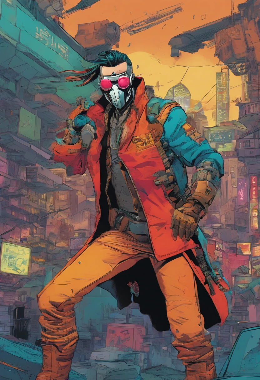 estilo cyberpunk 2077, Hombre samurai futurista, armadura futurista, gabardina marron, con fundas de pistola, Guantes, A clown mask