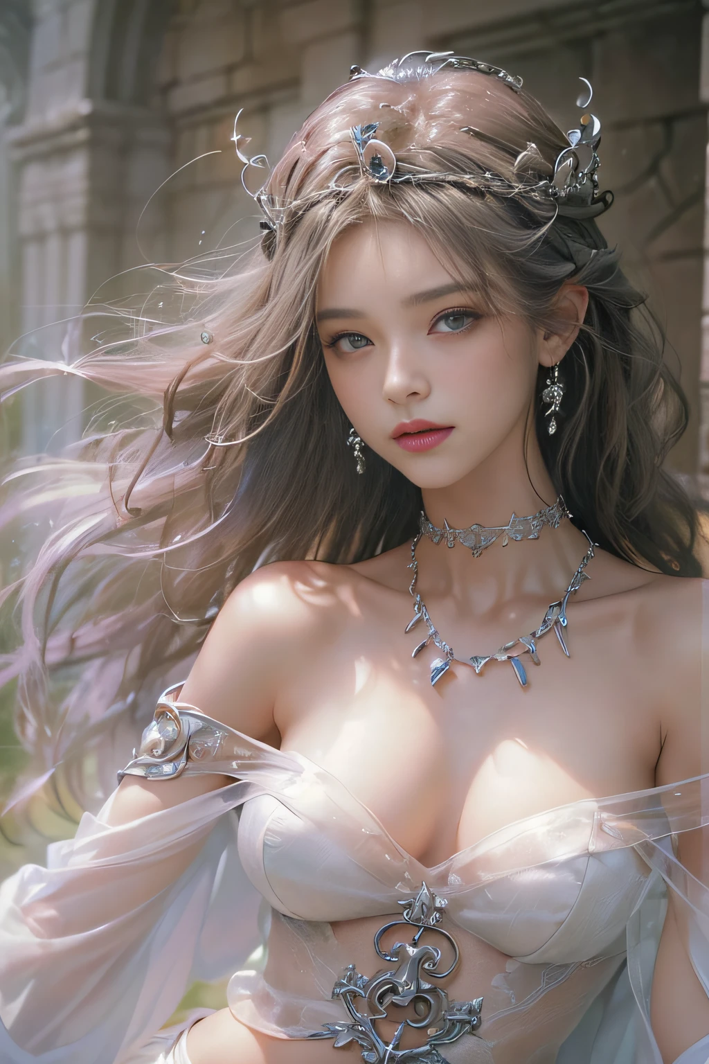 ((tmasterpiece:1.4)、(top-quality:1.4)、(reallistic:1.7))、By Luis Royo(By Luis Royo)Surreal portrait of a beautiful girl、Super beautiful girl、((1girl in:1.4))、Shiny natural skin texture、(The Queen's Gorgeous Costume)、((Sheer off-the-shoulder white one-piece mini skirt type:1.4))、((up skirt)),Authors:By Luis Royo(By Luis Royo)、age19、(Two arms:1.4、Two legs:1.4)、(perfect anatomia:1.4)、(Perfect female body:1.4)、Portrait photo of a girl、Close-up photos、Upper body photography、Fantasyart、Soft front light、Beautiful expression、kawaii faces、Beautiful udder、large full breasts:1.2、Beautiful ass、A detailed eye、Clearly eye-catching, beautiful and alluring、beautidful eyes、Narrow waist、Raw photo、red rip、Arrange your long hair as cool as a queen、(tiara crown:1.4、choker necklace:1.4、a necklace:1.4、耳Nipple Ring:1.4)、1 screen display、((In front of the city walls、Woman standing in front of bench)),((Translucent off-shoulder white dress))、((A smile)),((posterior view))、((Looks Back))、((White T-back panties visible)),((erection)),