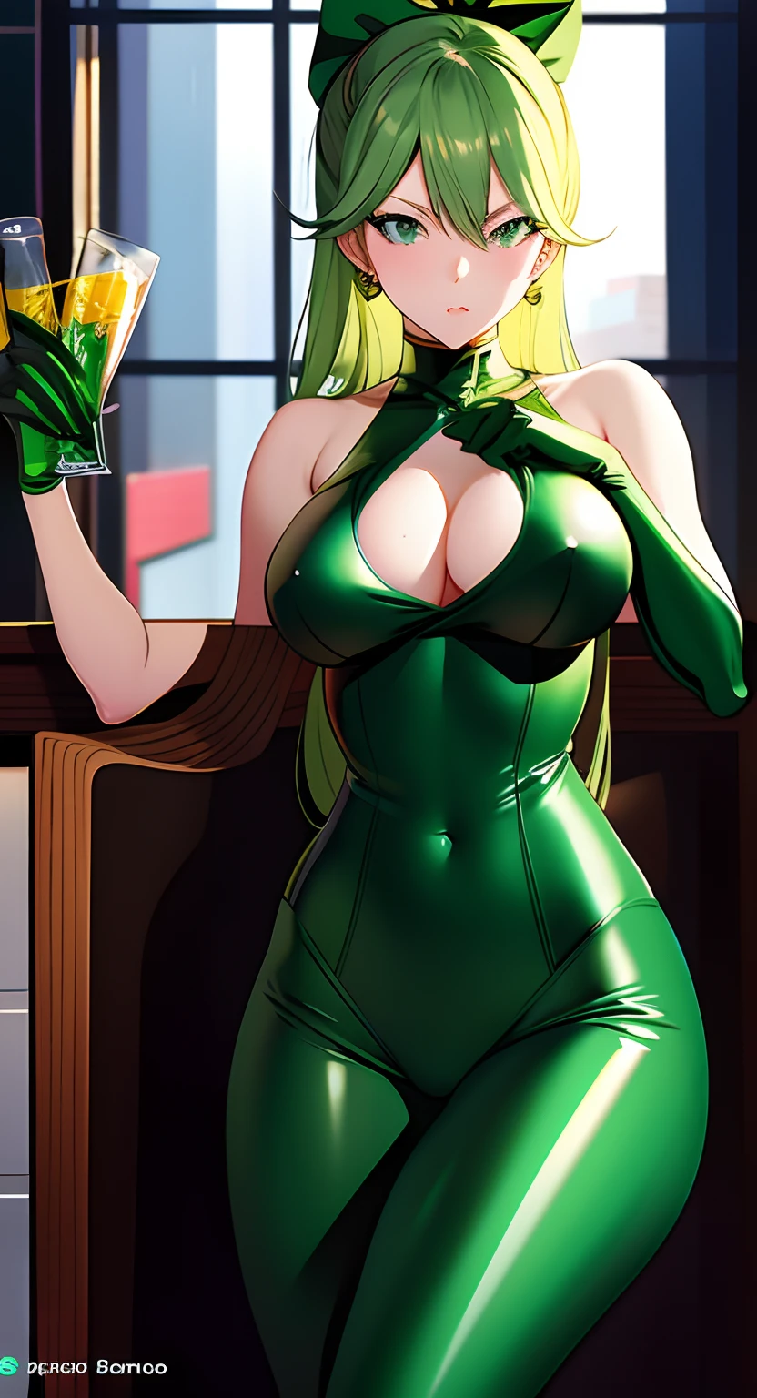 Anime - style woman in green bodysuit posing on shelf, tatsumaki from one punch man, cutesexyrobutts, Cammy, krenz cushart and artgerm, an oppai cyberpunk, by krenz cushart, anya from spy x family, range murata and artgerm, asuka suit under clothes!