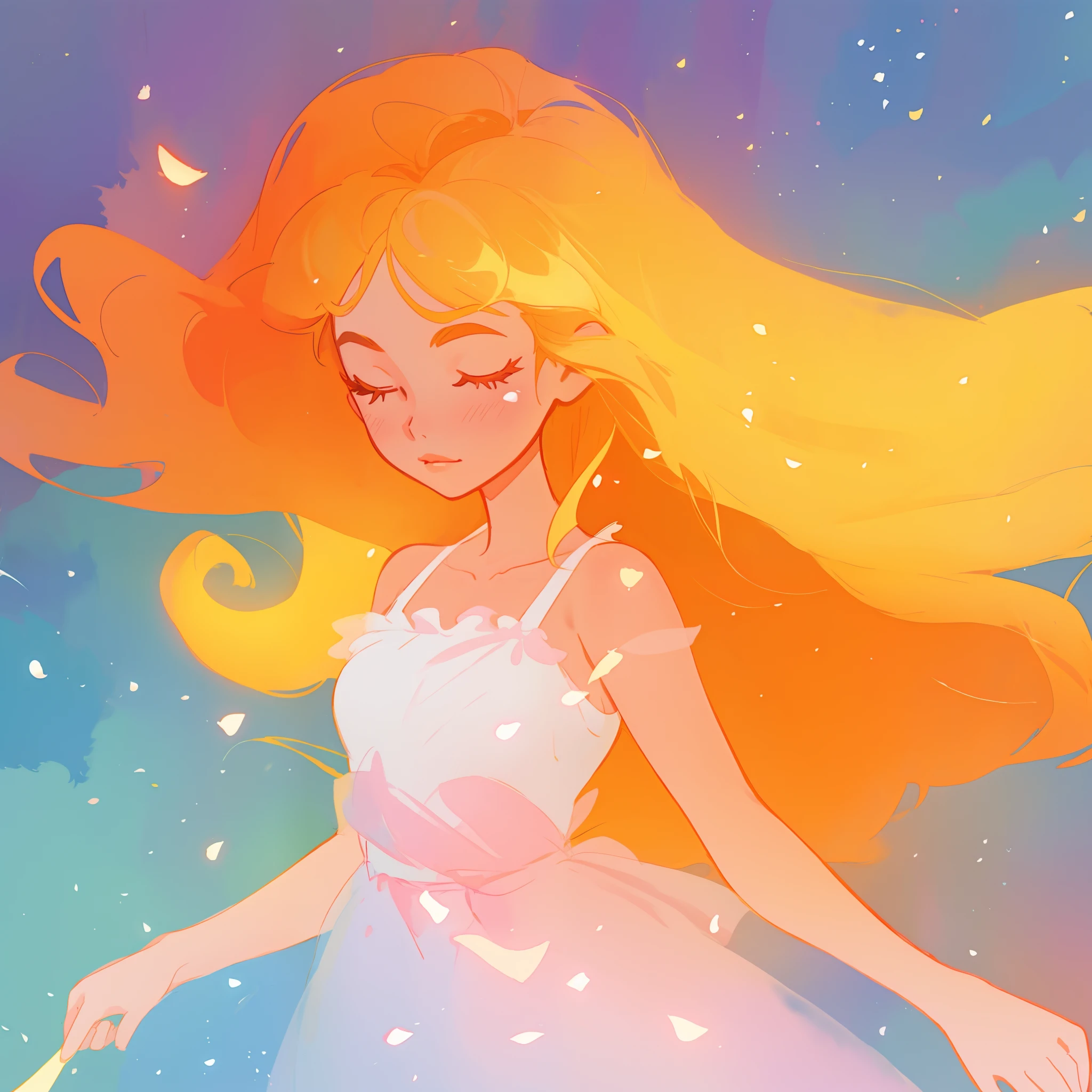 beautiful girl in white dress, fairy dress, long golden hair, watercolor illustration, inspired by Glen Keane, inspired by Lois van Baarle, disney art style, by Lois van Baarle, glowing aura around her, by Glen Keane, jen bartel, glowing lights! digital painting, flowing glowing hair, glowing flowing hair, beautiful digital illustration, fantasia otherworldly landscape plants flowers, beautiful, masterpiece, best quality, anime disney style
