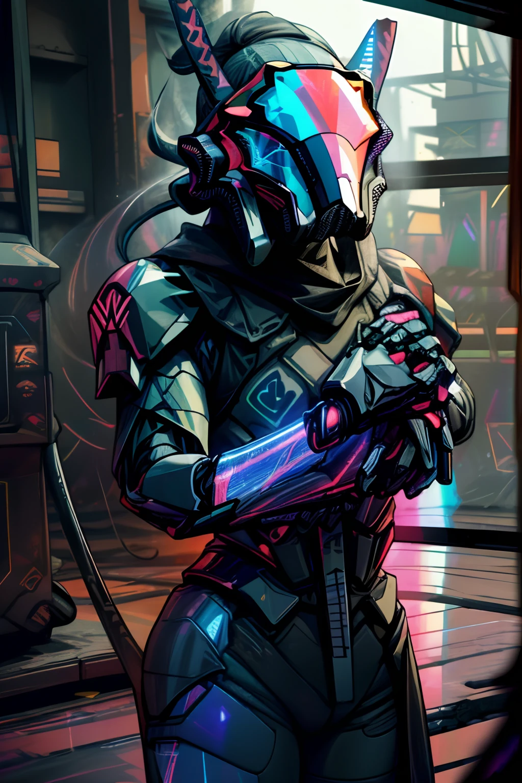 helmets、gas masks、(neon wiring:1.2)、(Super huge shoulders:1.2)、(Hologram arm:1.6)、(Samurai costume:1.3)、Poses、Irridescent color、cyberpunked、1man、Mechanical Marvel、droid