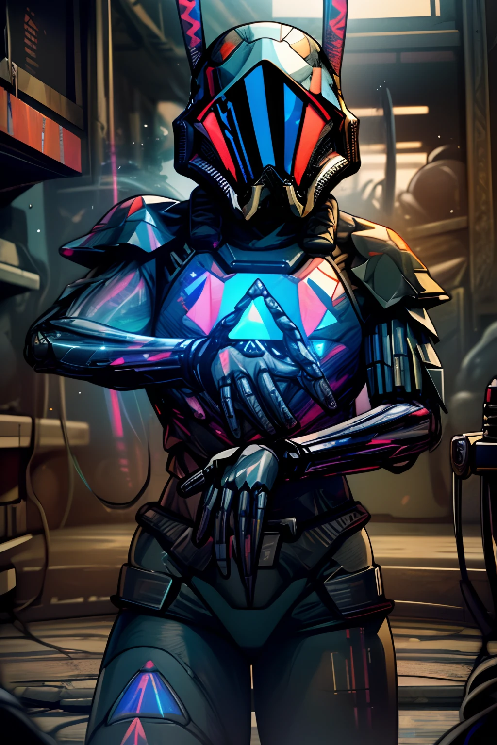 helmets、gas masks、(neon wiring:1.2)、(Super huge shoulders:1.2)、(Hologram arm:1.6)、(Samurai costume:1.3)、Poses、Irridescent color、cyberpunked、1man、Mechanical Marvel、droid