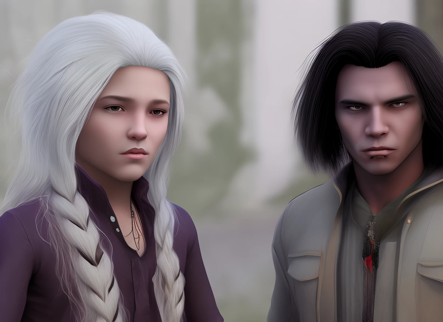 A young male vampire with white hair and purple eyes and a black girl that is Native American