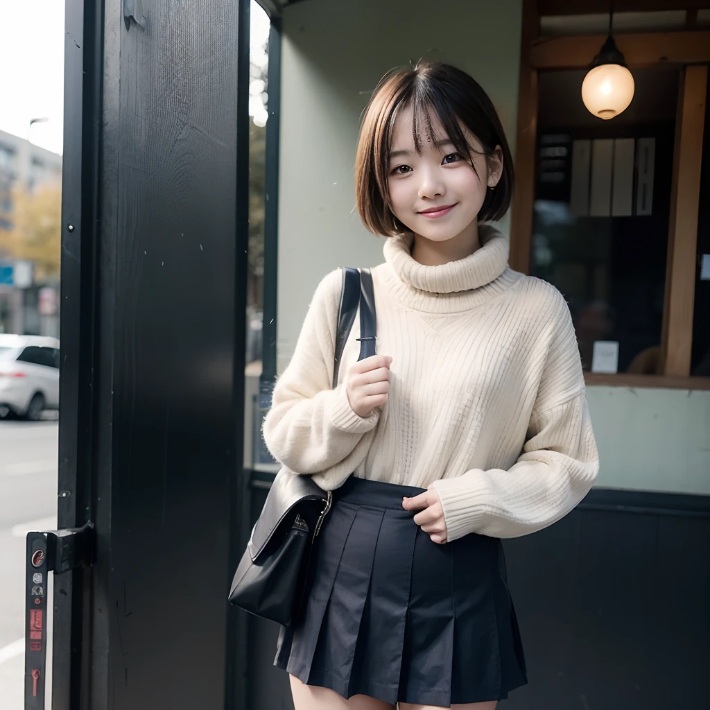 hi-school girl、A slight smil、smile、Shy laughter、校服、autumnal、long-sleeve、muffler、kou、a miniskirt、short-hair、Student Bag、Coming to school、Bus stop、Pupils、