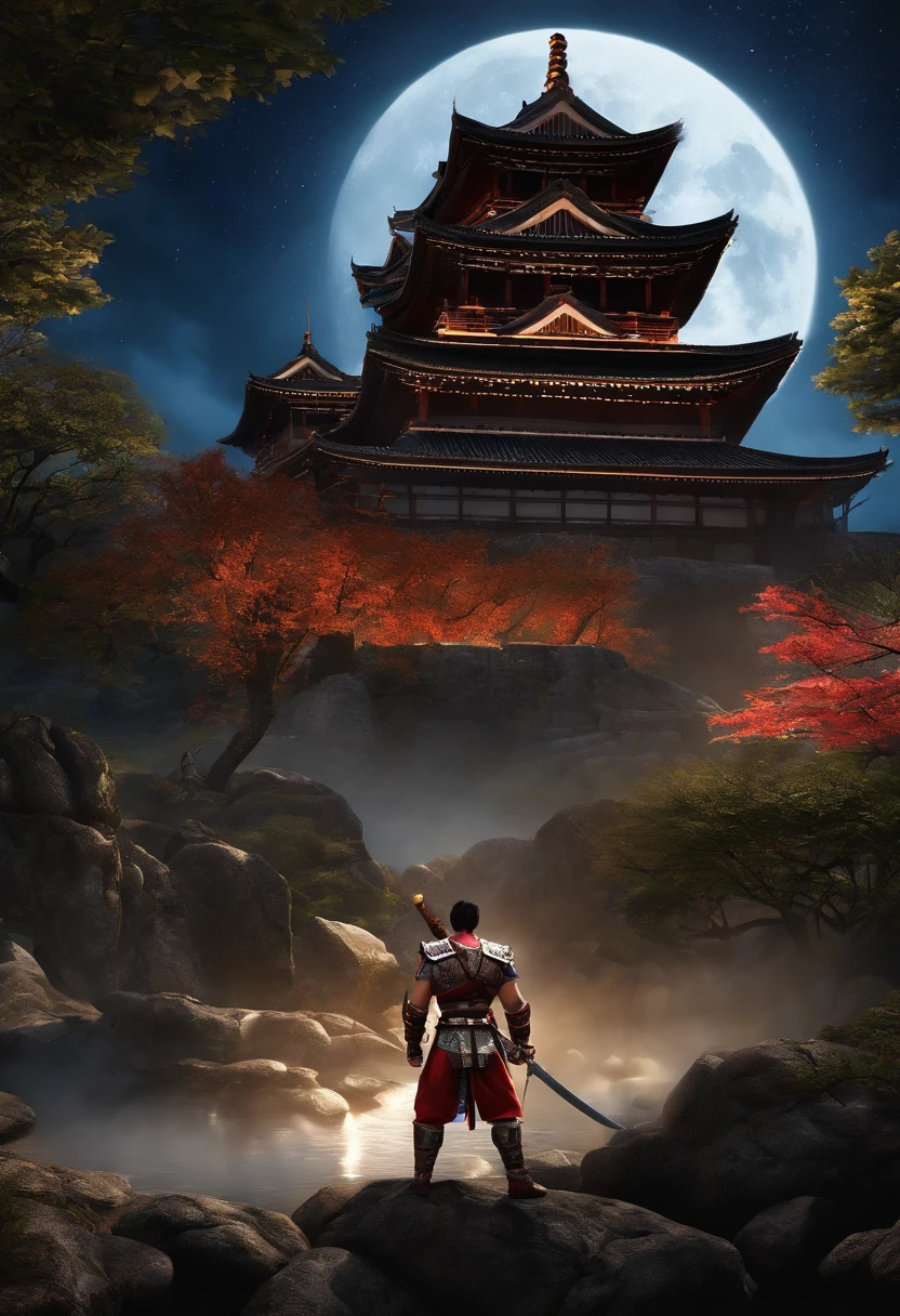 "(Taki of Soulcalibur), incredible details, fierce pose, Japan traditional castle background, Moon Night、Magnificent illustrations, Perfect picture quality"
