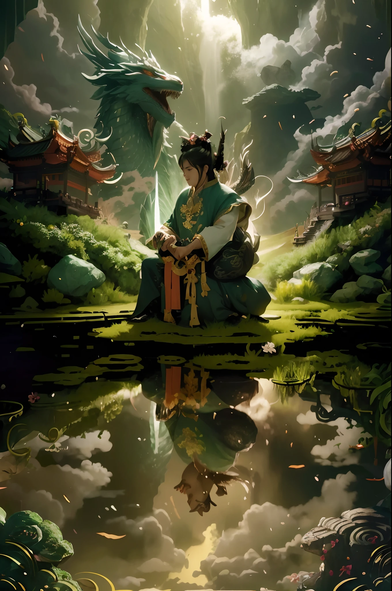 A man sits on a rock，The background is an anime scene with a dragon, by Yang J, Rosla global lighting, Inspired by Fenghua Zhong, By Li Song, Fantasy art Behance, author：Wang Lei, Onmyoji detailed art, 2. 5 D CGI anime fantasy artwork, Detailed digital 2D fantasy art, Chinese fantasy