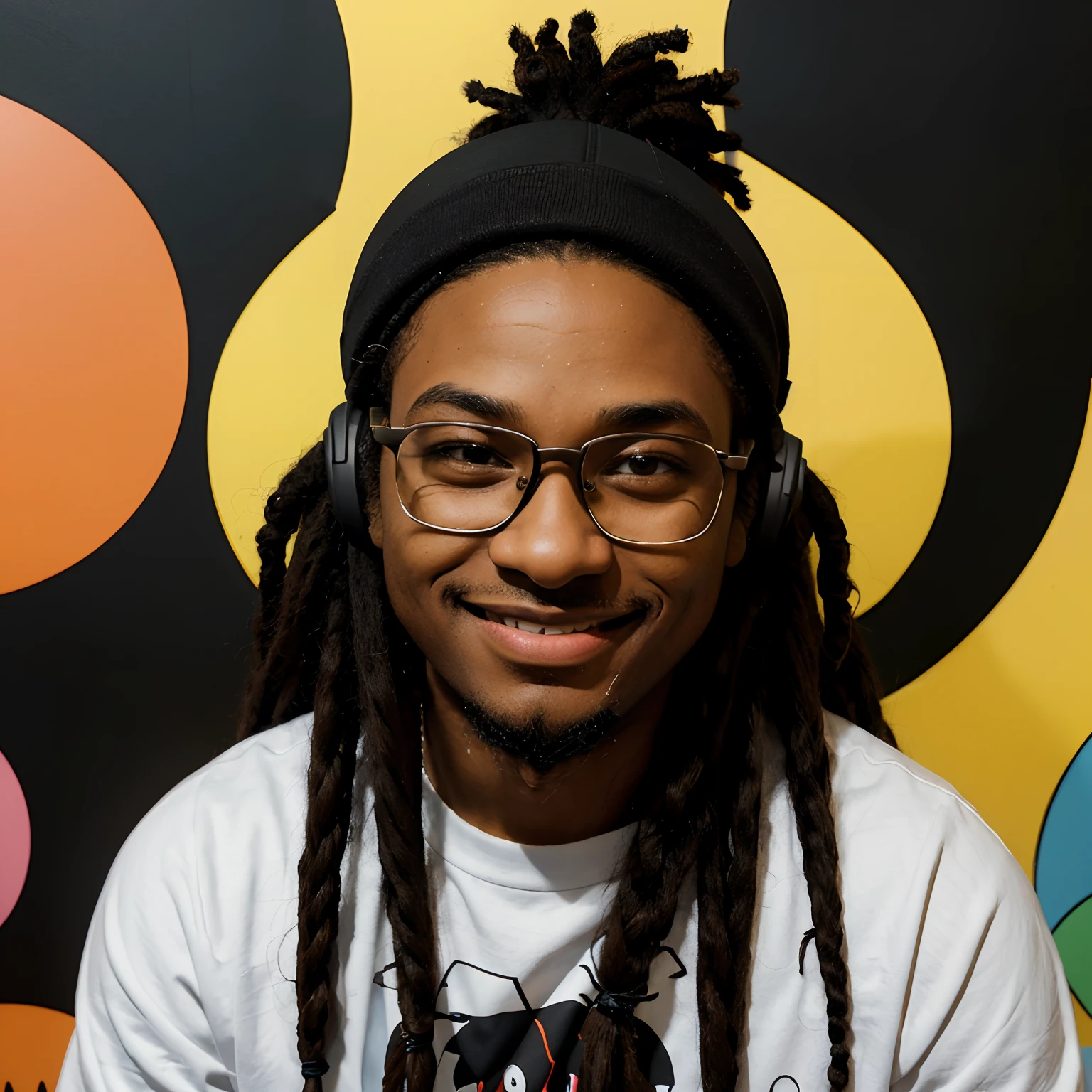 A Black male wearing a black durag with long dreads , Cartoonish art style, smiling, happy, wear ing headphones, cartoon art style, bold lines, bright picture, Digital art style, small rectangular glasses, tiny glasses, glasses tilted down on nose, big nose, undetailed art style, fun, slim face, brown face, long big dreads