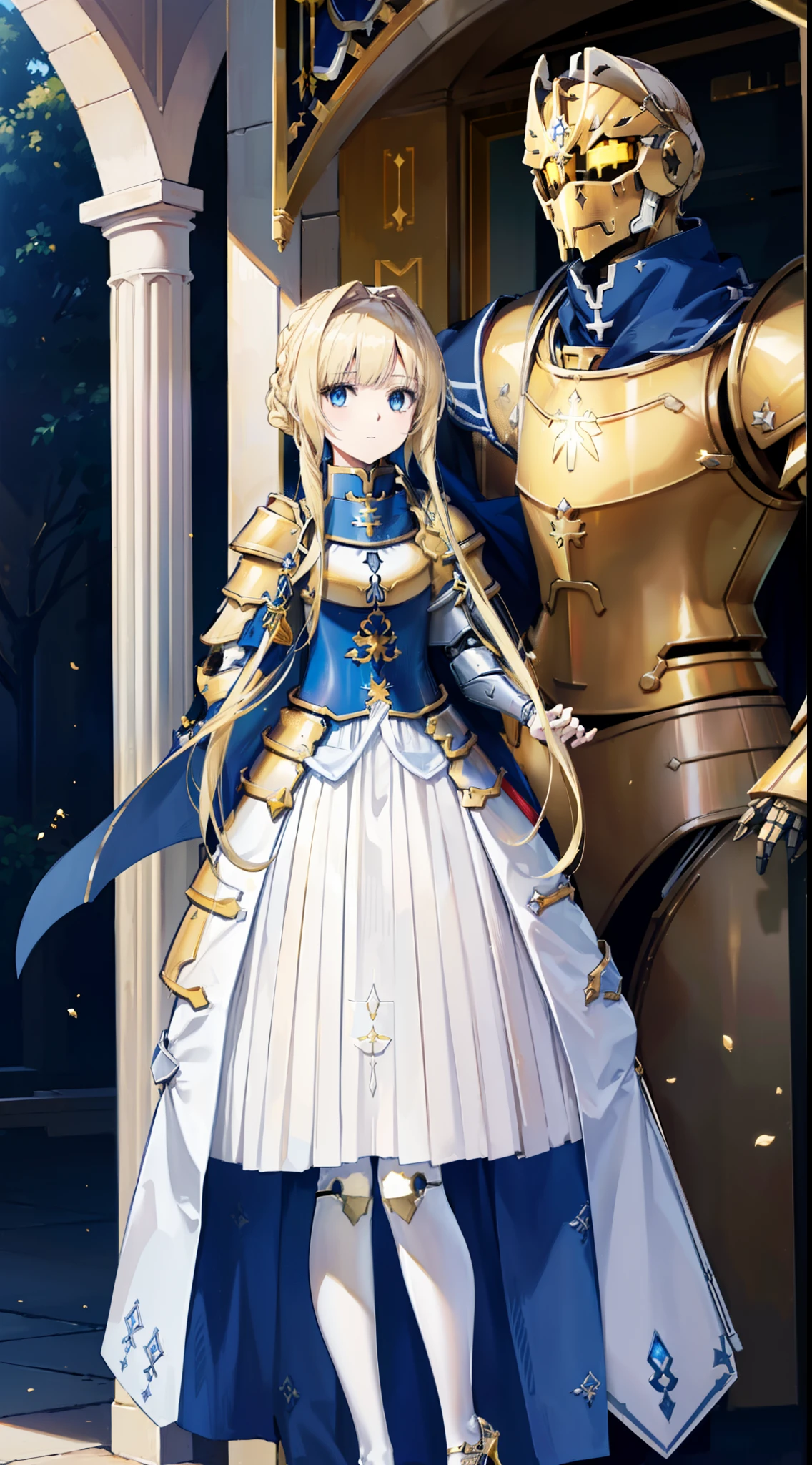 sandrone, alice zuberg, bangs, Blue eyes, Blonde hair, hair between eye, Very long hair, Braid, shairband, white hair ribbon,
Broken dress, Cape, Armor, Blue dress, Shoulder armor, mitts, pauldrons, chest plate, Armored dress, faulds, Blue cape, cavalier, (Gold armor:1.5), Body armor,
Break free from the outside, forest, Nature, Sun, sky,
BREAK looking at viewer, (Cowboy shot:1.5),
Break (Masterpiece:1.2), Best quality, high resolution, Unity 8k wallpaper, (illustration:0.8), (Beautiful detailed eyes:1.6), Extremely detailed face, Perfect lighting, Extremely detailed CG, (Perfect hands, Perfect anatomy),(((white stockings)))，(((Gold-tone high heels)))，(((Next to it stood a robot)))