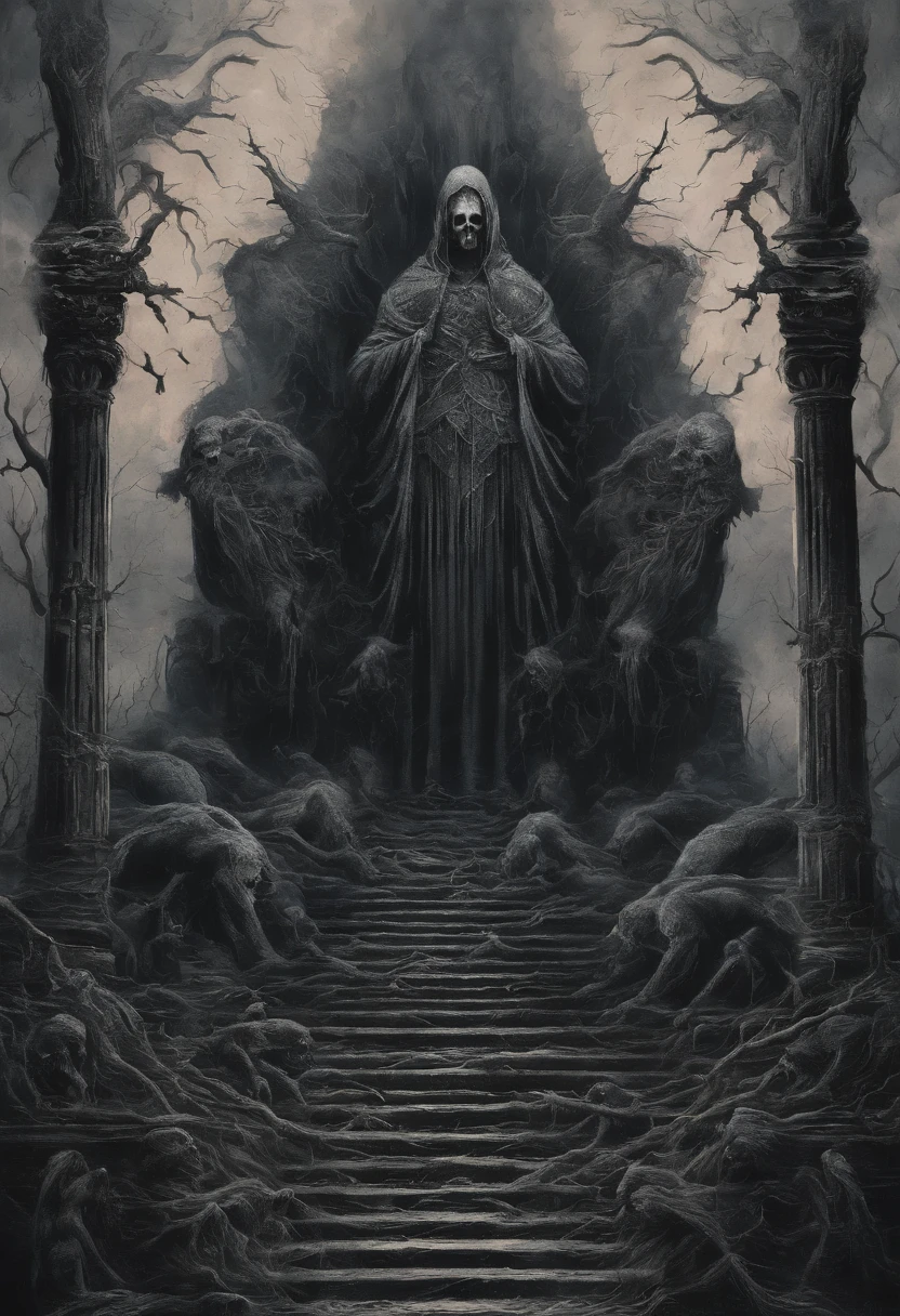 prompt:Generate a breathtaking and award-winning image of art piece featuring death God in the highest resolution, emphasizing intricate details, vibrant colors, and a sense of devotion, using traditional pigments and lighting techniques for an authentic portrayal, and apply enhancements for an outstanding visual impact, HD quality