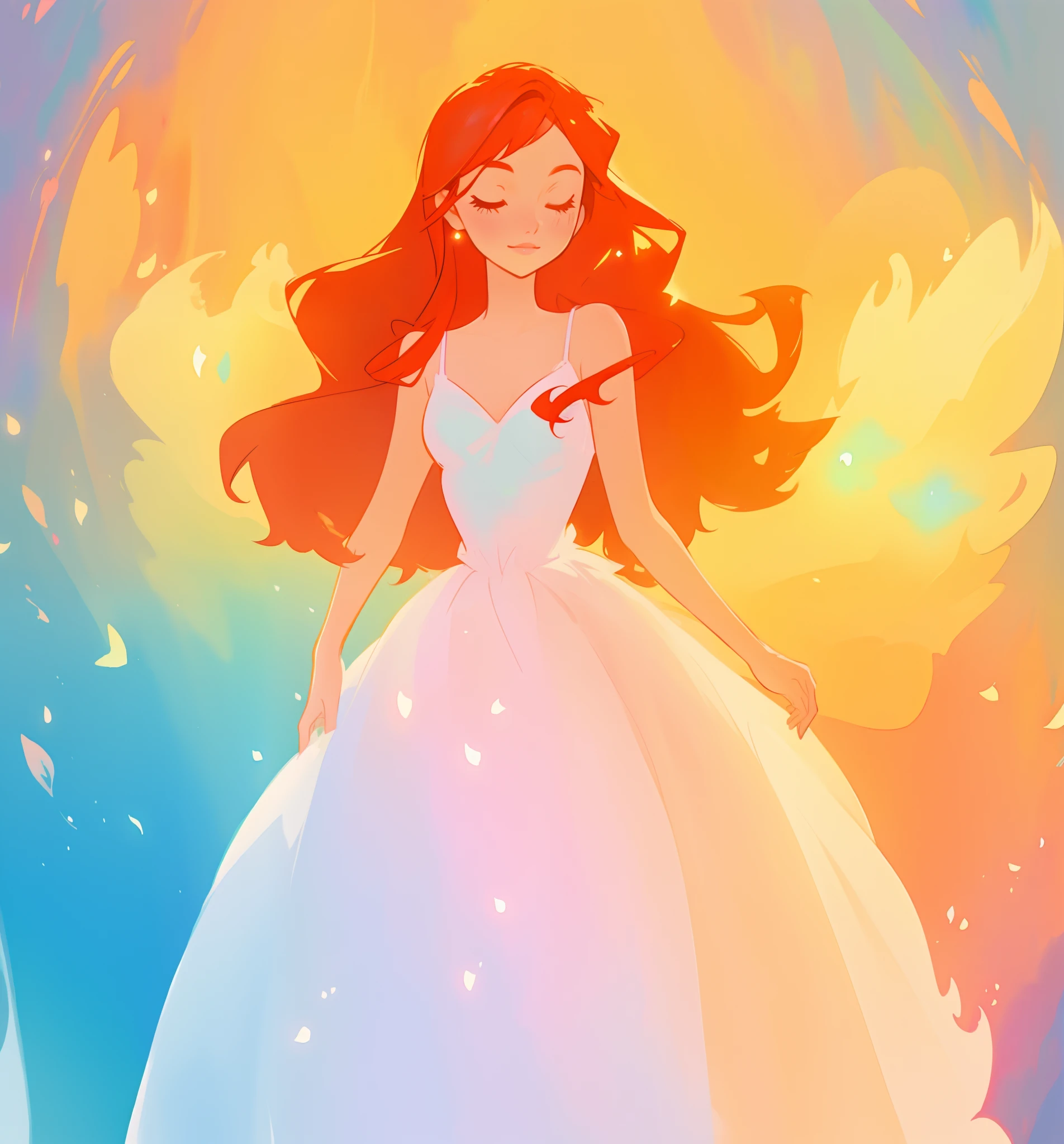 beautiful girl in puffy ballgown dress, fairy dress, long red hair, watercolor illustration, inspired by Glen Keane, inspired by Lois van Baarle, disney art style, by Lois van Baarle, glowing aura around her, by Glen Keane, jen bartel, glowing lights! digital painting, flowing glowing hair, glowing flowing hair, beautiful digital illustration, fantasia otherworldly landscape plants flowers, beautiful, masterpiece, best quality, anime disney style