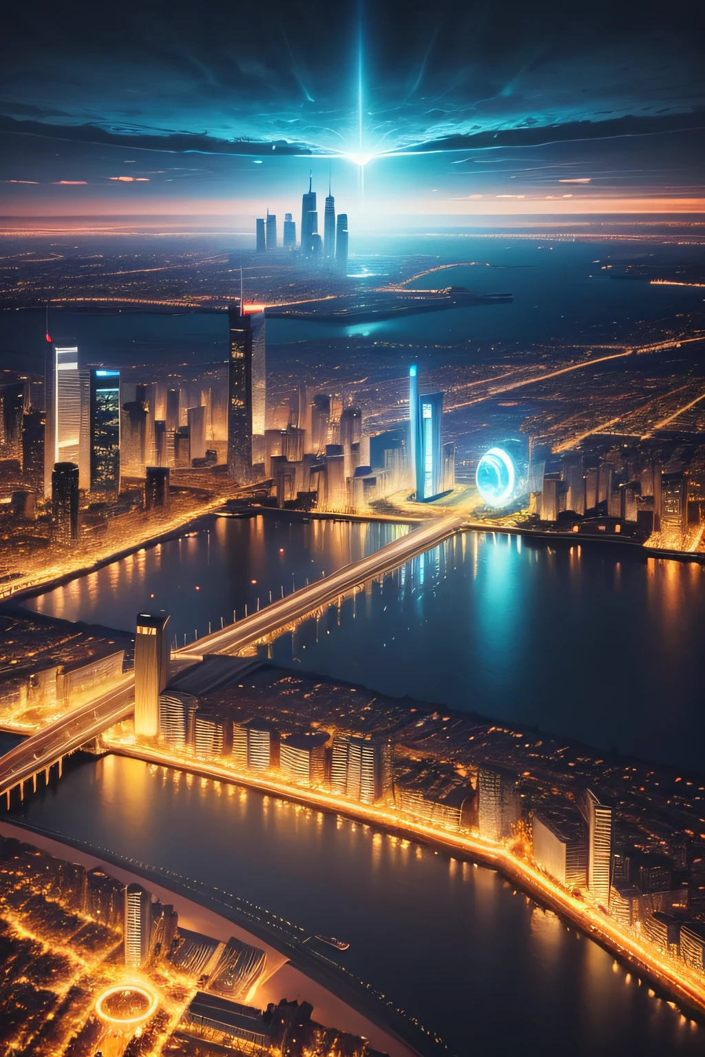 A super technological city with tall buildings, Abaixo d'agua, Buildings illuminated with colored lights, fundo escuro, Underwater view of civilization from above, Ultra realista, Muitos detalhes