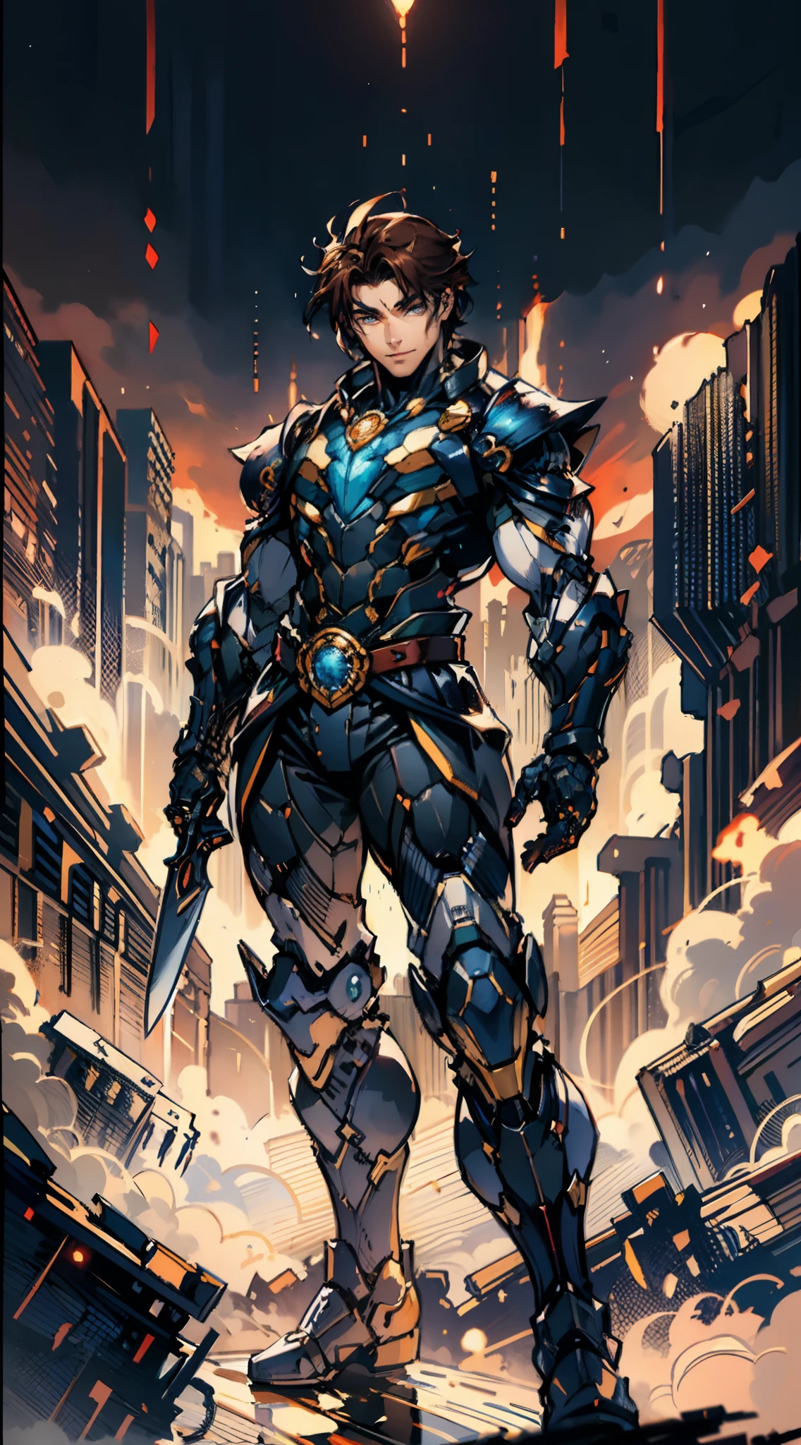 ((A young man:1.2)), short orange-brown hair, a wild hairstyle, knife-like thick eyebrows, bright and spirited big eyes, a fearless expression, a smile at the corner of his mouth, he wears a bizarre fantasy surreal-style chest armor with scales textures, wearing a dark bodysuit underneath, fingerless gloves, a beautifully fur belt around his waist, matching coarse cloth trousers, undaunted and wild posture, the background depicts a torn sky and earth, this character embodies a finely crafted fantasy surreal-style in anime style, characterized by an exquisite and mature manga illustration art style, high definition, best quality, highres, ultra-detailed, ultra-fine painting, extremely delicate, professional, anatomically correct, symmetrical face, extremely detailed eyes and face, high quality eyes, creativity, RAW photo, UHD, 8k, Natural light, cinematic lighting, masterpiece-anatomy-perfect, masterpiece:1.5
