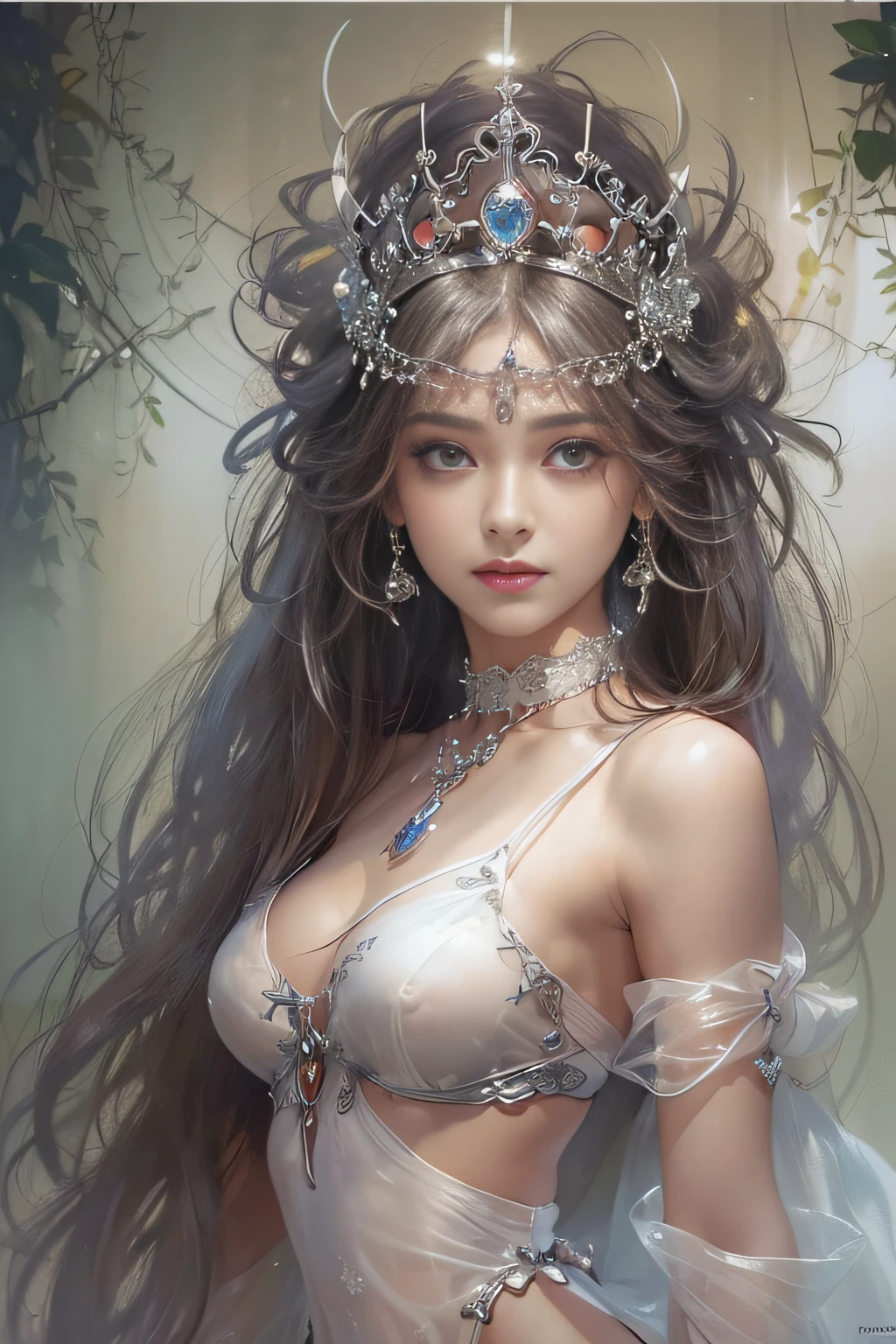 ((tmasterpiece:1.4)、(top-quality:1.4)、(reallistic:1.7))、By Luis Royo(By Luis Royo)Surreal portrait of a beautiful girl、Super beautiful girl、((1girl in:1.4))、Shiny natural skin texture、(The Queen's Gorgeous Costume)、((Sheer off-the-shoulder white one-piece mini skirt type:1.4))、((up skirt)),Authors:By Luis Royo(By Luis Royo)、age19、(Two arms:1.4、Two legs:1.4)、(perfect anatomia:1.4)、(Perfect female body:1.4)、Portrait photo of a girl、Close-up photos、Upper body photography、Fantasyart、Soft front light、Beautiful expression、kawaii faces、Beautiful udder、large full breasts:1.2、Beautiful ass、A detailed eye、Clearly eye-catching, beautiful and alluring、beautidful eyes、Narrow waist、Raw photo、red rip、Arrange your long hair as cool as a queen、(tiara crown:1.4、choker necklace:1.4、a necklace:1.4、耳Nipple Ring:1.4)、1 screen display、((Woman on all fours on silk bed)),((Translucent off-shoulder white dress))、((A smile)),((posterior view))、((Looks Back))、((White T-back panties visible)),((erection)),