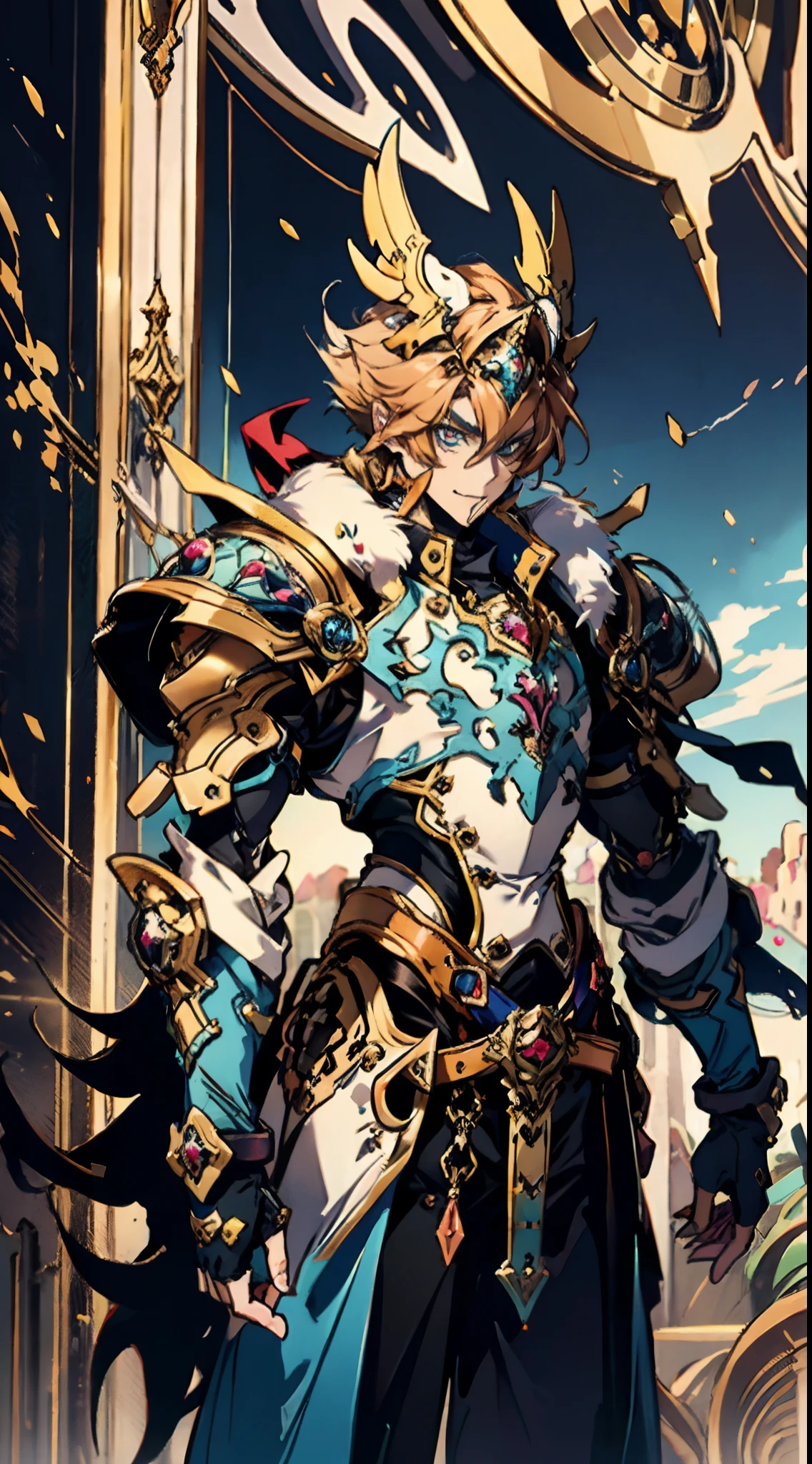 ((A young man:1.2)), short orange-brown hair, a wild hairstyle, knife-like thick eyebrows, bright and spirited big eyes, a fearless expression, a smile at the corner of his mouth, he wears a bizarre fantasy surreal-style chest armor with scales textures, wearing a dark bodysuit underneath, fingerless gloves, a beautifully fur belt around his waist, matching coarse cloth trousers, undaunted and wild posture, the background depicts a torn sky and earth, this character embodies a finely crafted fantasy surreal-style in anime style, characterized by an exquisite and mature manga illustration art style, high definition, best quality, highres, ultra-detailed, ultra-fine painting, extremely delicate, professional, anatomically correct, symmetrical face, extremely detailed eyes and face, high quality eyes, creativity, RAW photo, UHD, 8k, Natural light, cinematic lighting, masterpiece-anatomy-perfect, masterpiece:1.5